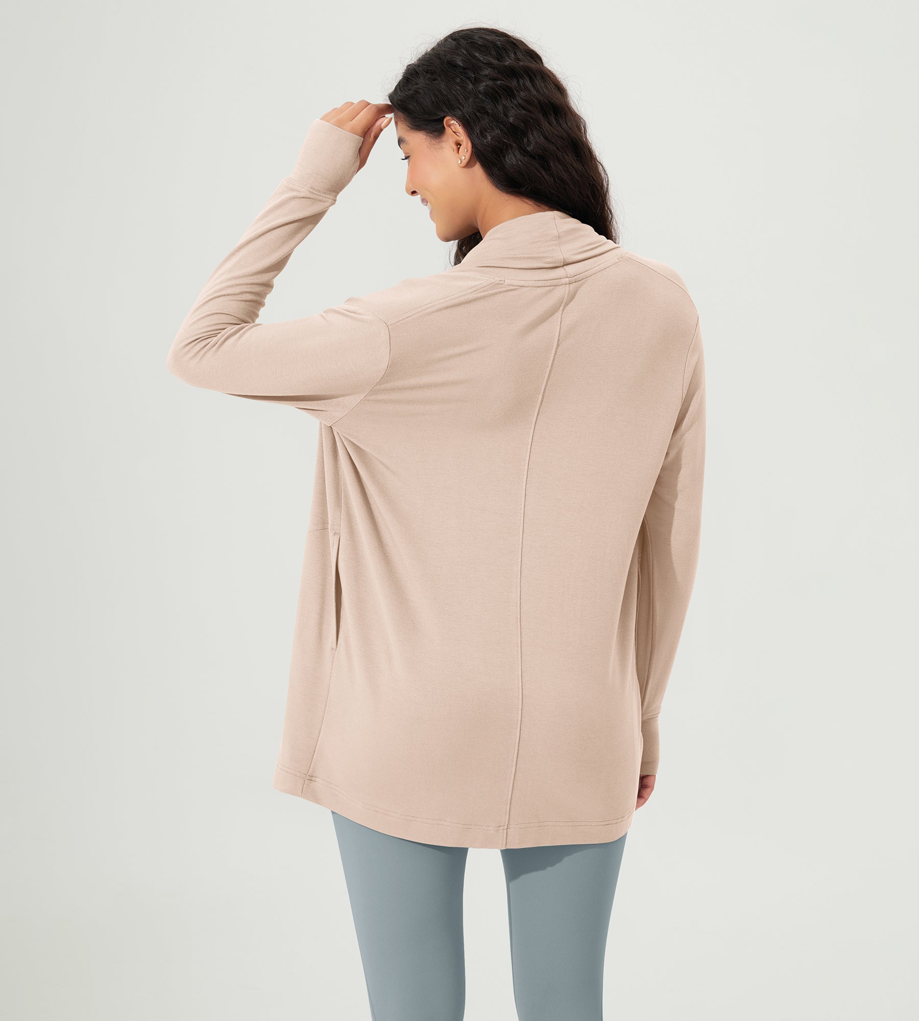 Drape Open Front Cozy Soft Cardigans Outerwear with Pockets Thumb Hole - ododos