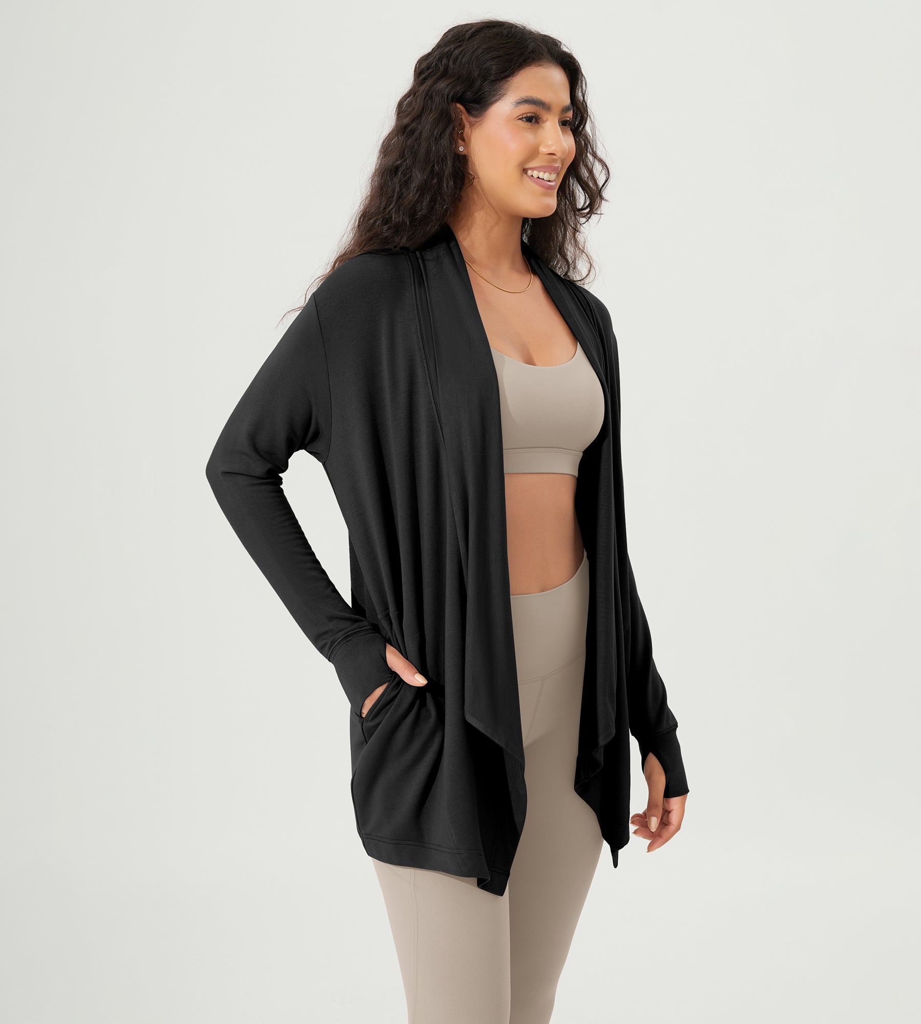 Drape Open Front Cozy Soft Cardigans Outerwear with Pockets Thumb Hole - ododos