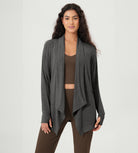 Drape Open Front Cozy Soft Cardigans Outerwear with Pockets Thumb Hole Charcoal Heather - ododos