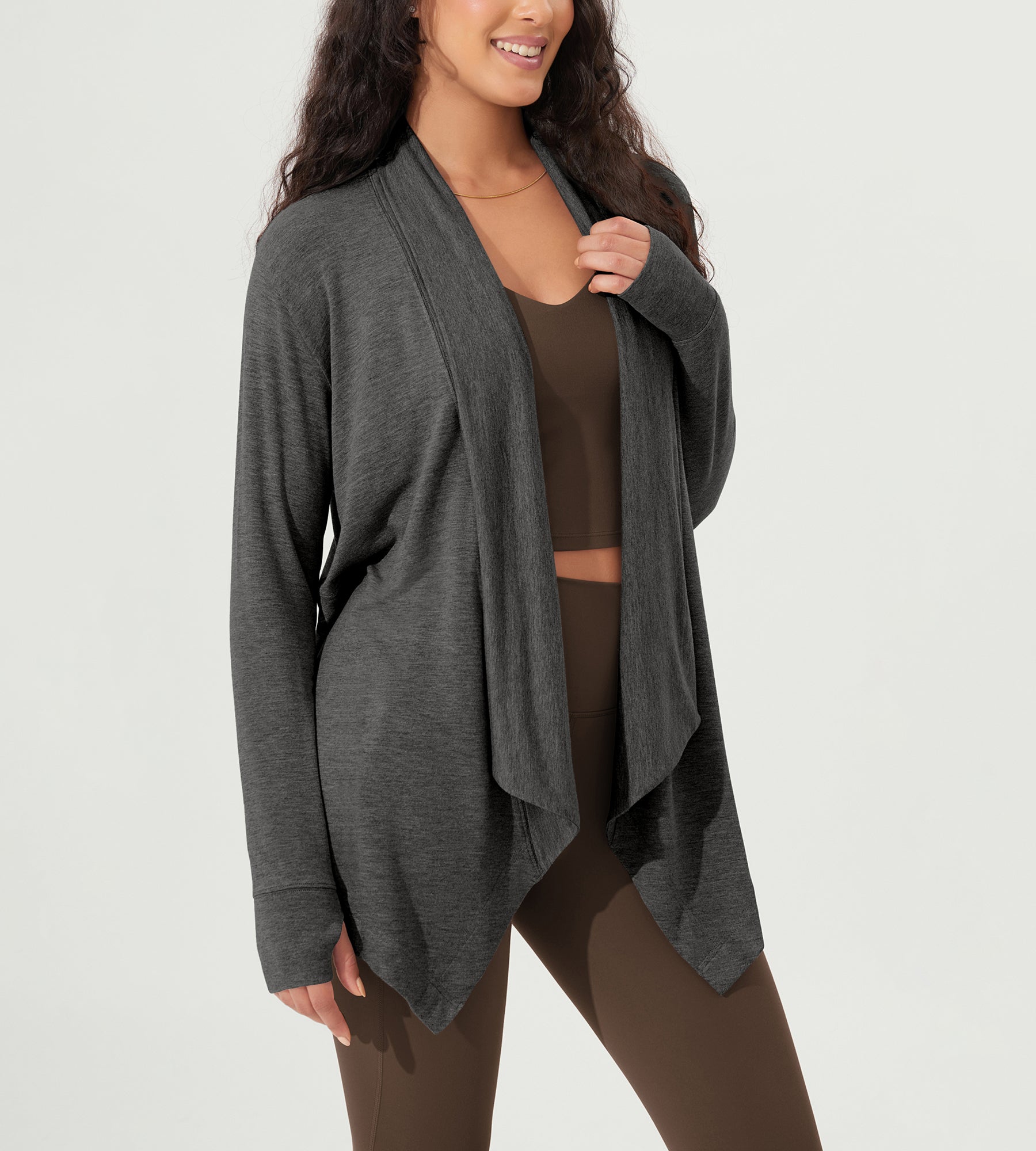 Drape Open Front Cozy Soft Cardigans Outerwear with Pockets Thumb Hole - ododos