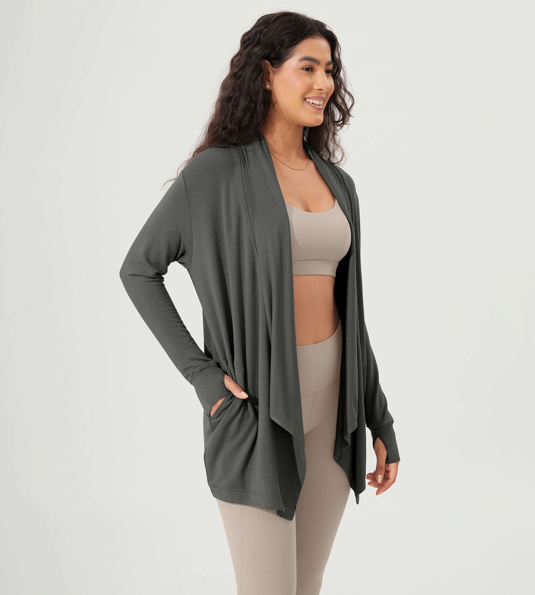 Drape Open Front Cozy Soft Cardigans Outerwear with Pockets Thumb Hole - ododos