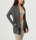 Drape Open Front Cozy Soft Cardigans Outerwear with Pockets Thumb Hole - ododos