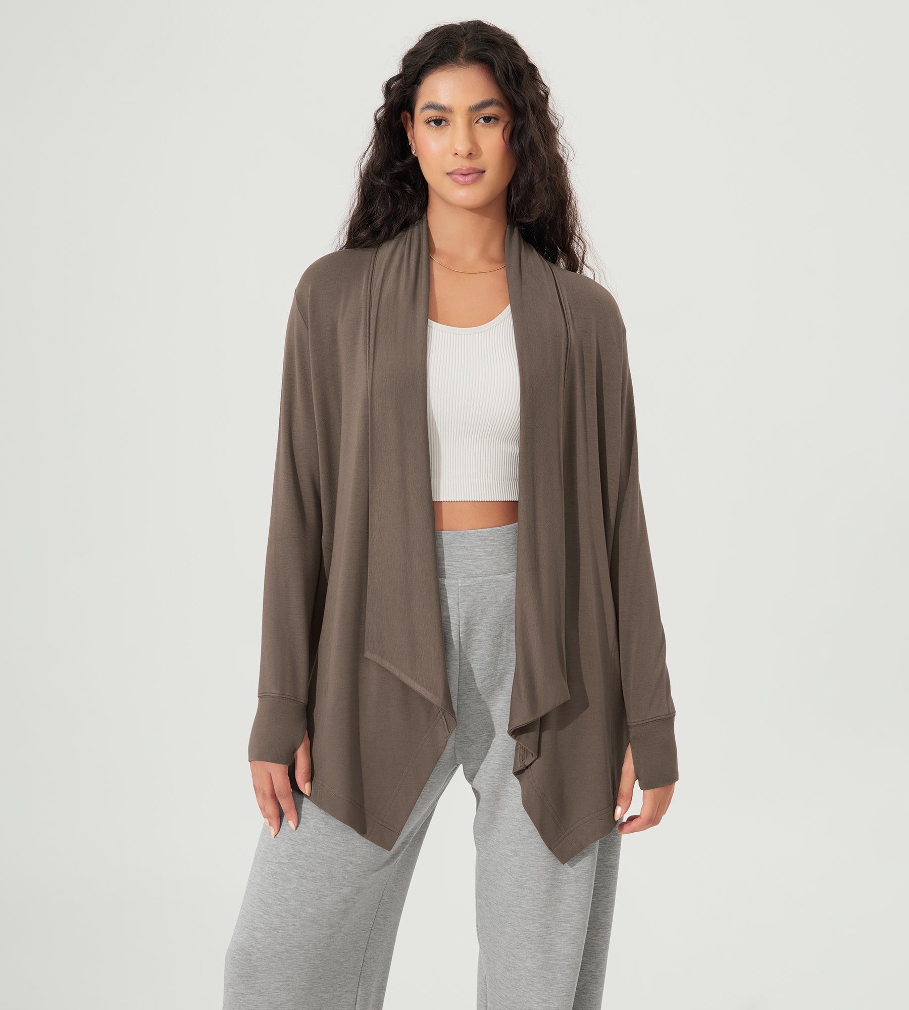 Drape Open Front Cozy Soft Cardigans Outerwear with Pockets Thumb Hole Desert Palm - ododos