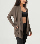 Drape Open Front Cozy Soft Cardigans Outerwear with Pockets Thumb Hole - ododos