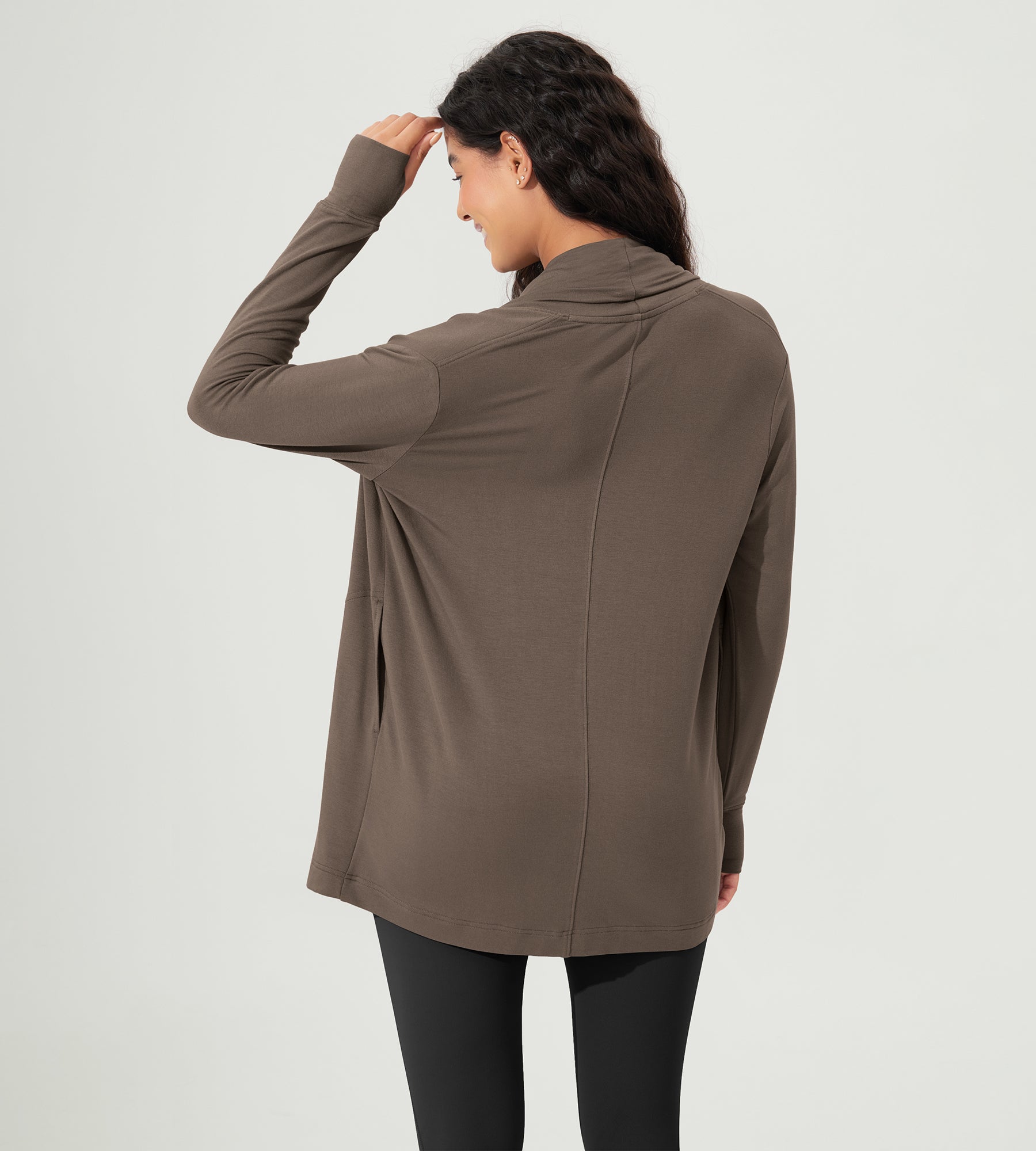 Drape Open Front Cozy Soft Cardigans Outerwear with Pockets Thumb Hole - ododos