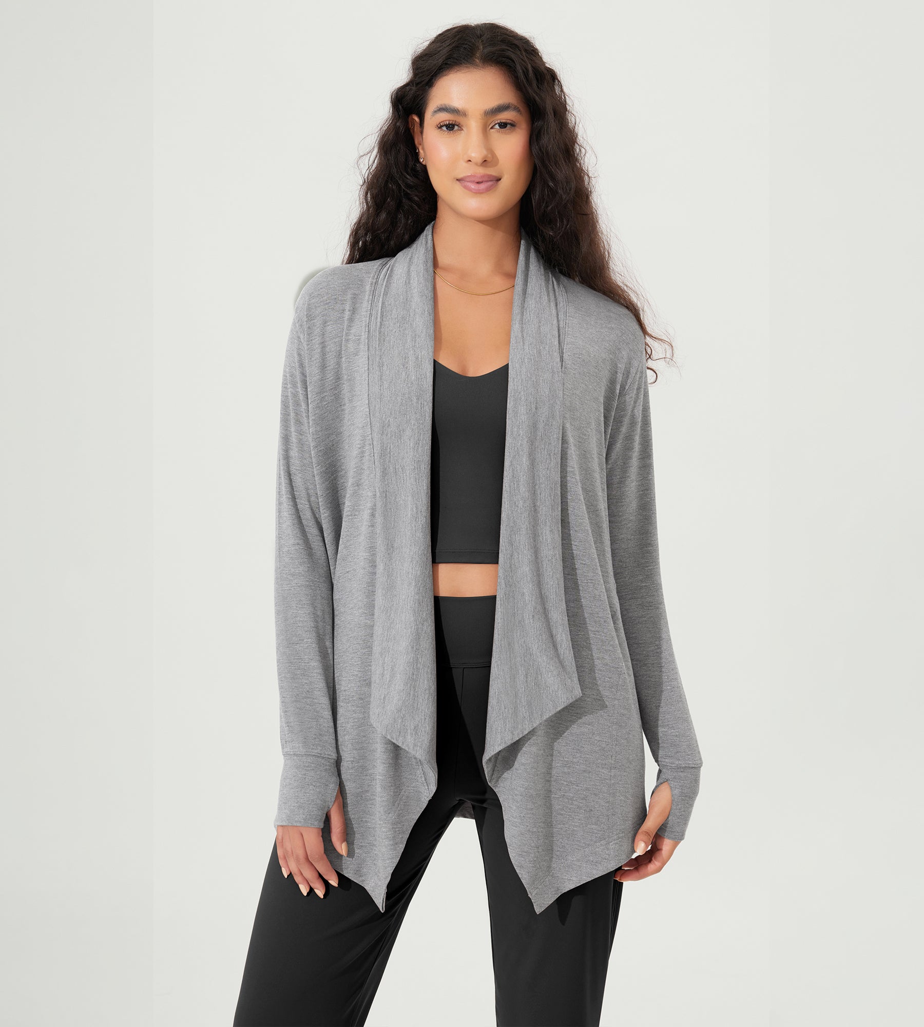 Drape Open Front Cozy Soft Cardigans Outerwear with Pockets Thumb Hole Grey Heather - ododos