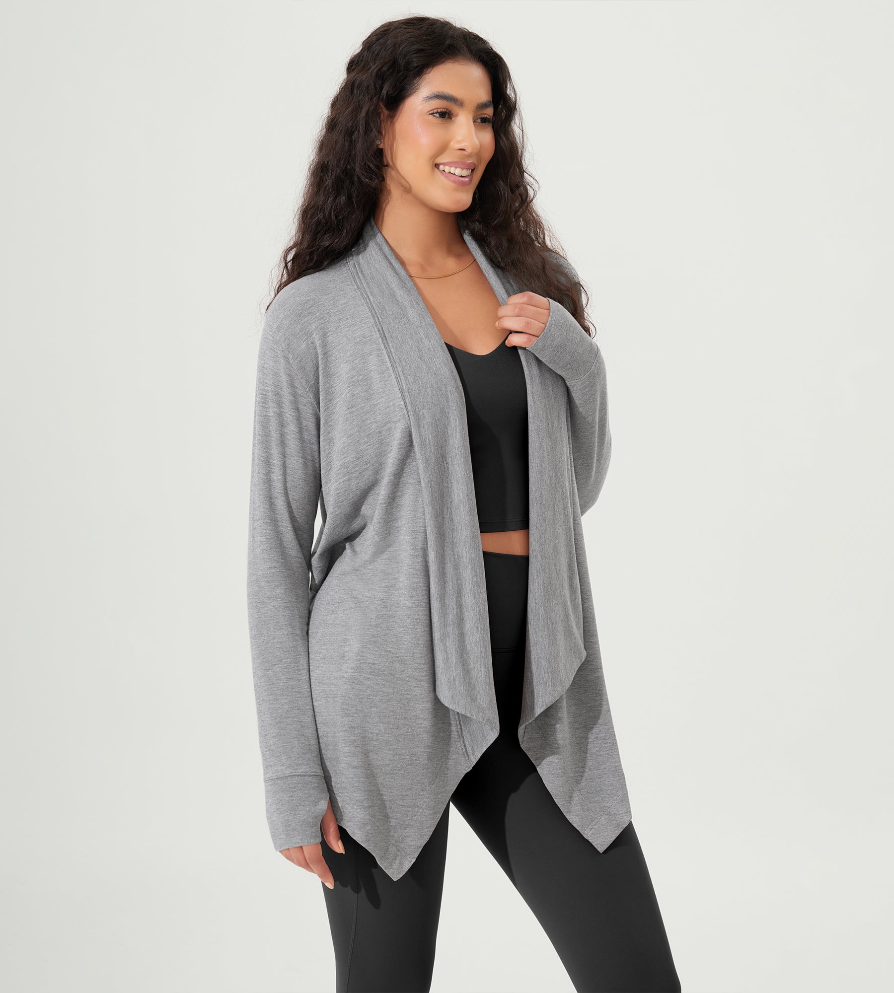 Drape Open Front Cozy Soft Cardigans Outerwear with Pockets Thumb Hole - ododos