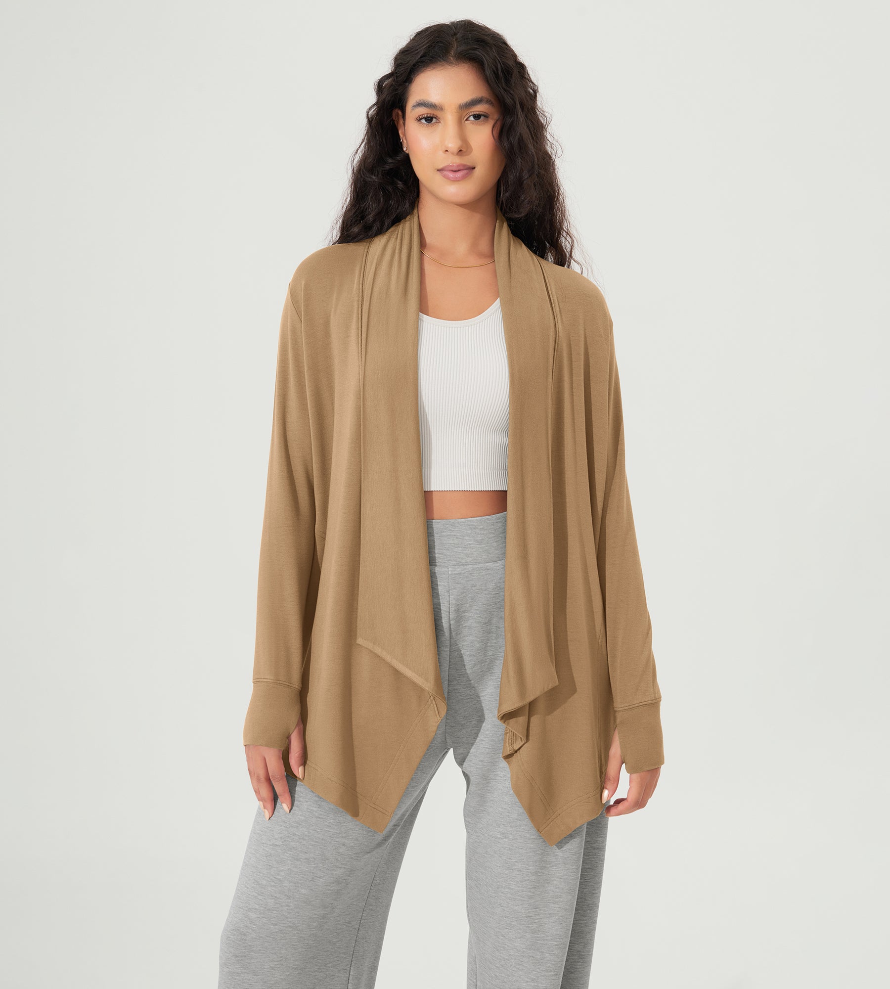 Drape Open Front Cozy Soft Cardigans Outerwear with Pockets Thumb Hole Mustard Gold - ododos