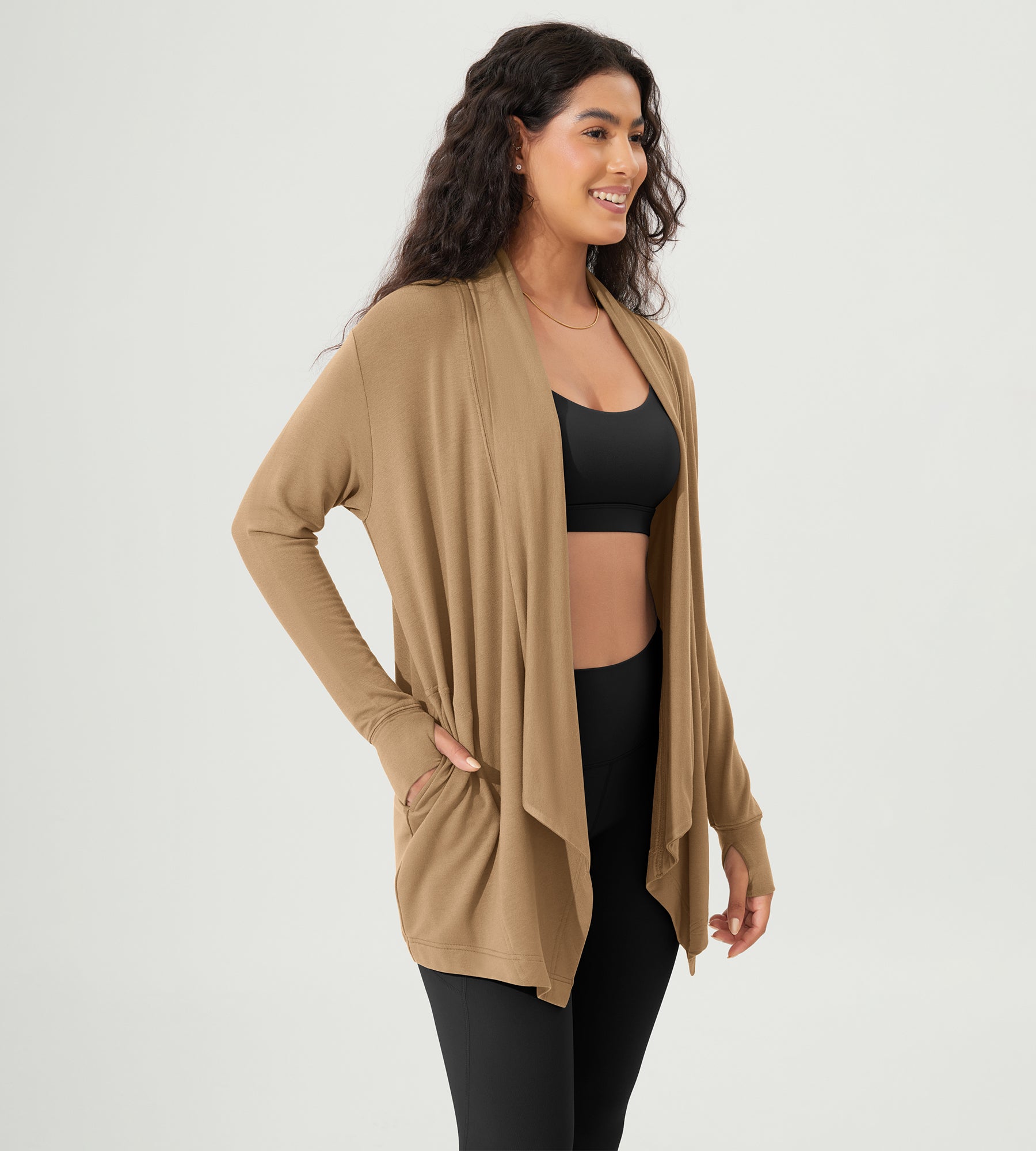 Drape Open Front Cozy Soft Cardigans Outerwear with Pockets Thumb Hole - ododos