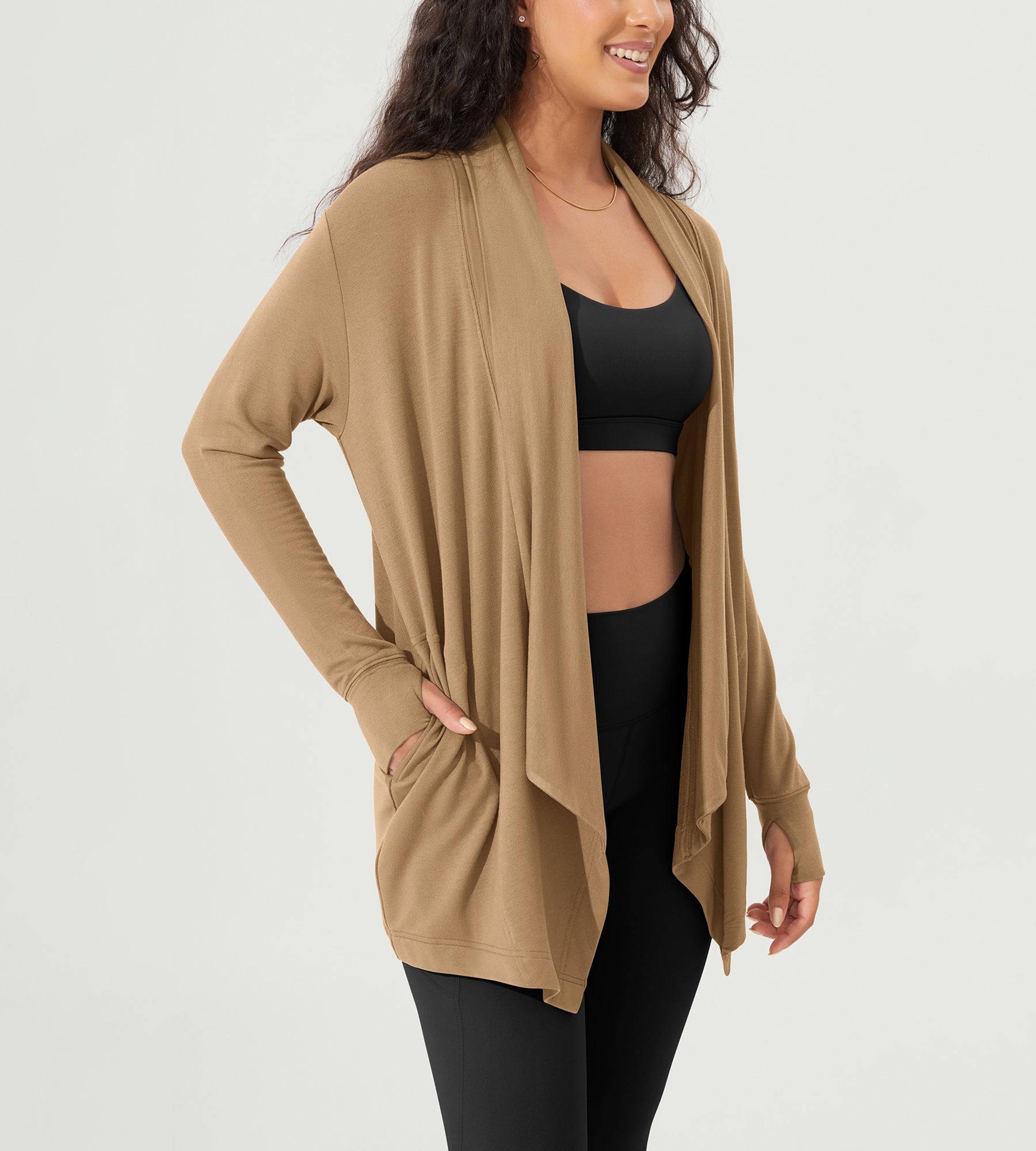 Drape Open Front Cozy Soft Cardigans Outerwear with Pockets Thumb Hole - ododos