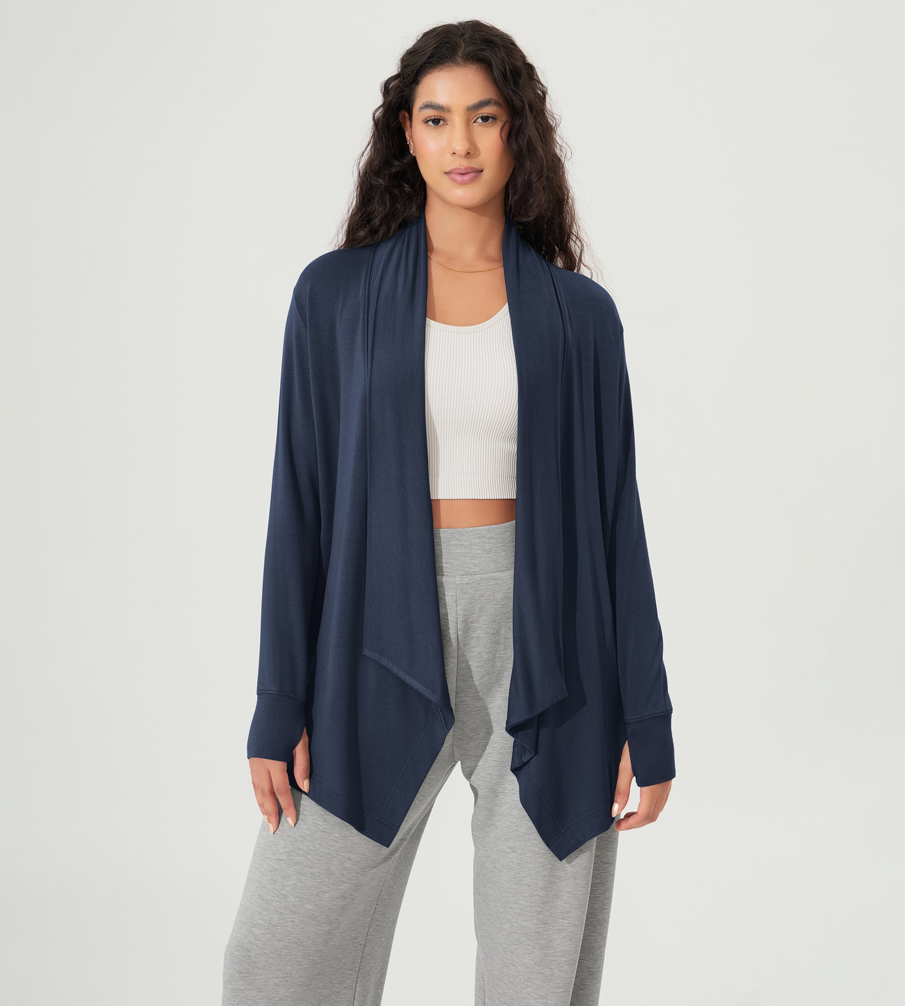 Drape Open Front Cozy Soft Cardigans Outerwear with Pockets Thumb Hole Navy - ododos