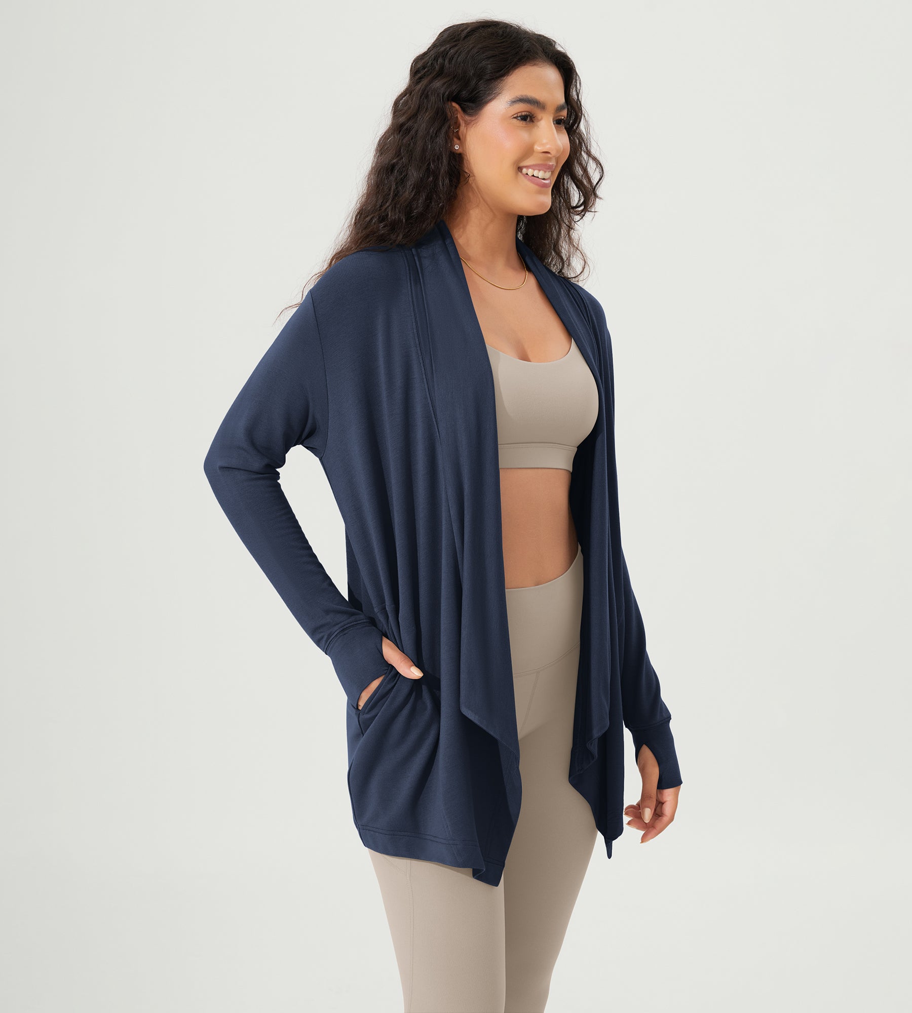 Drape Open Front Cozy Soft Cardigans Outerwear with Pockets Thumb Hole - ododos