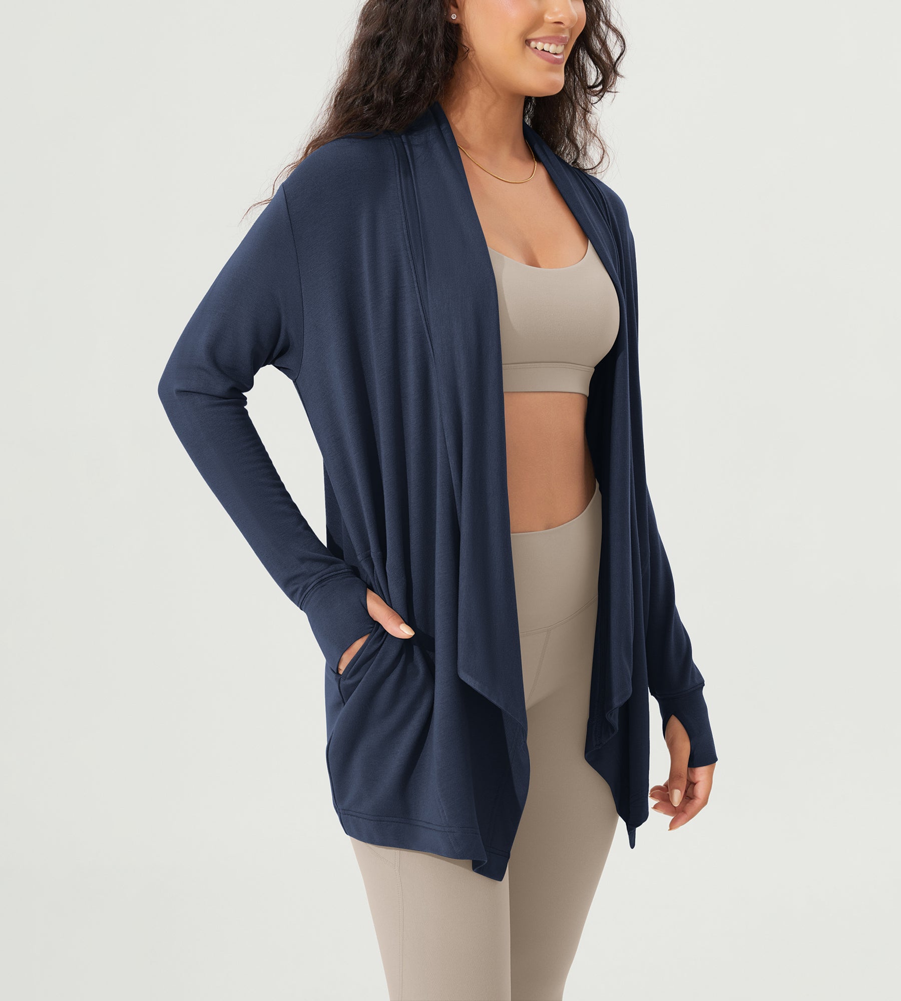 Drape Open Front Cozy Soft Cardigans Outerwear with Pockets Thumb Hole - ododos