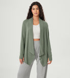 Drape Open Front Cozy Soft Cardigans Outerwear with Pockets Thumb Hole Oil Green - ododos