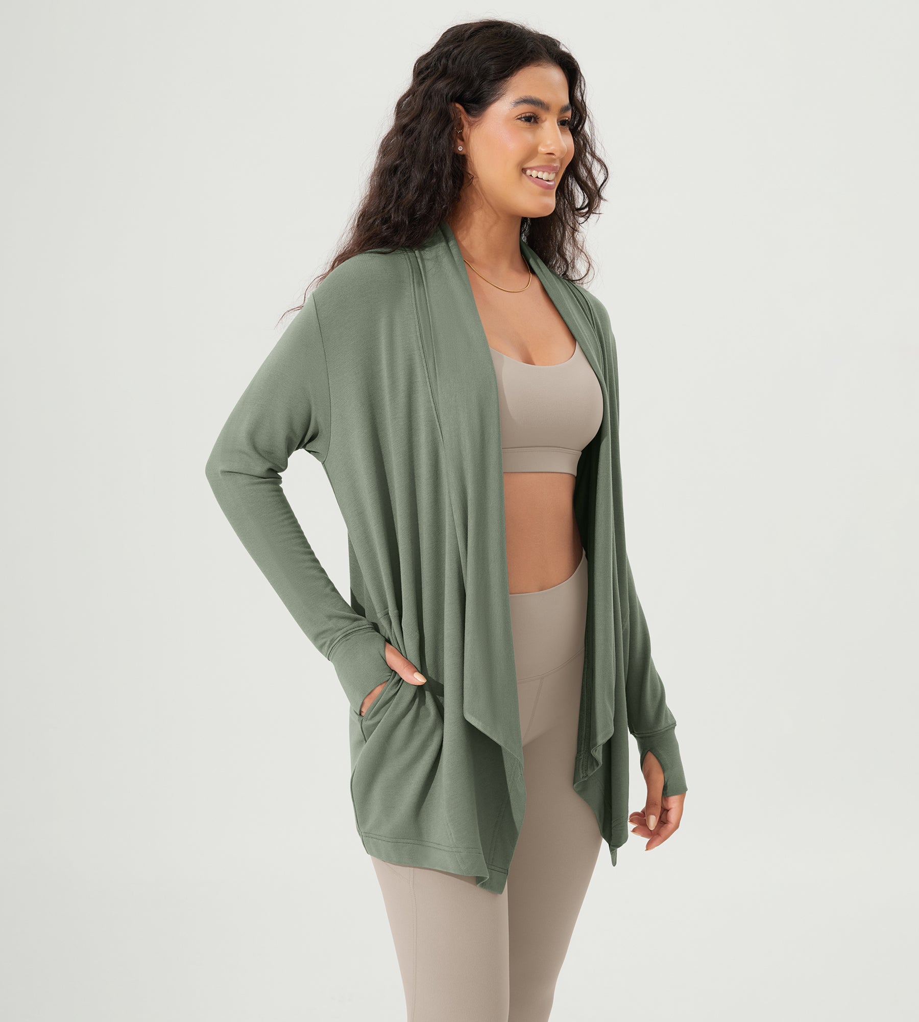 Drape Open Front Cozy Soft Cardigans Outerwear with Pockets Thumb Hole - ododos