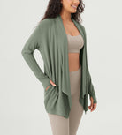 Drape Open Front Cozy Soft Cardigans Outerwear with Pockets Thumb Hole - ododos