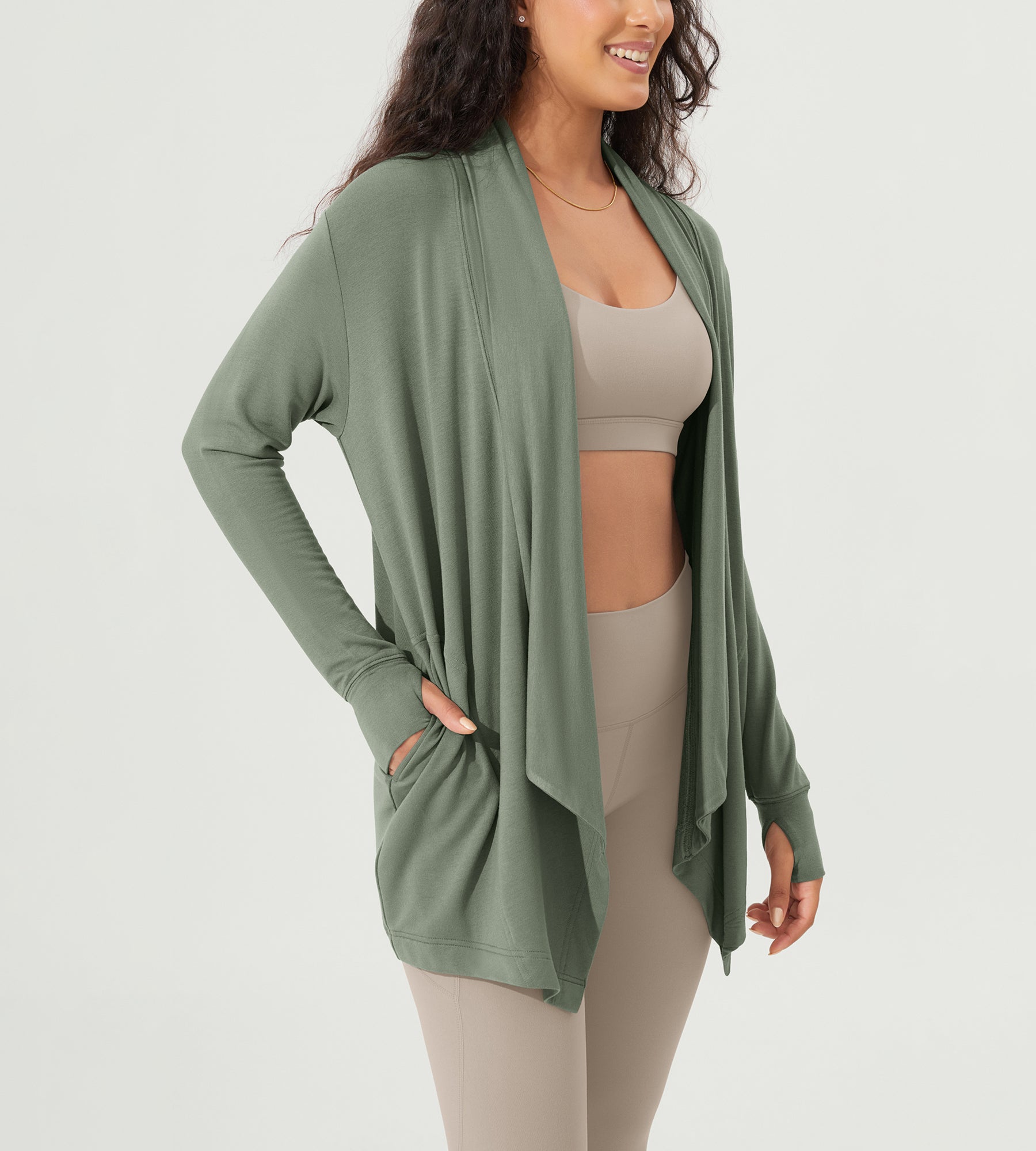 Drape Open Front Cozy Soft Cardigans Outerwear with Pockets Thumb Hole - ododos