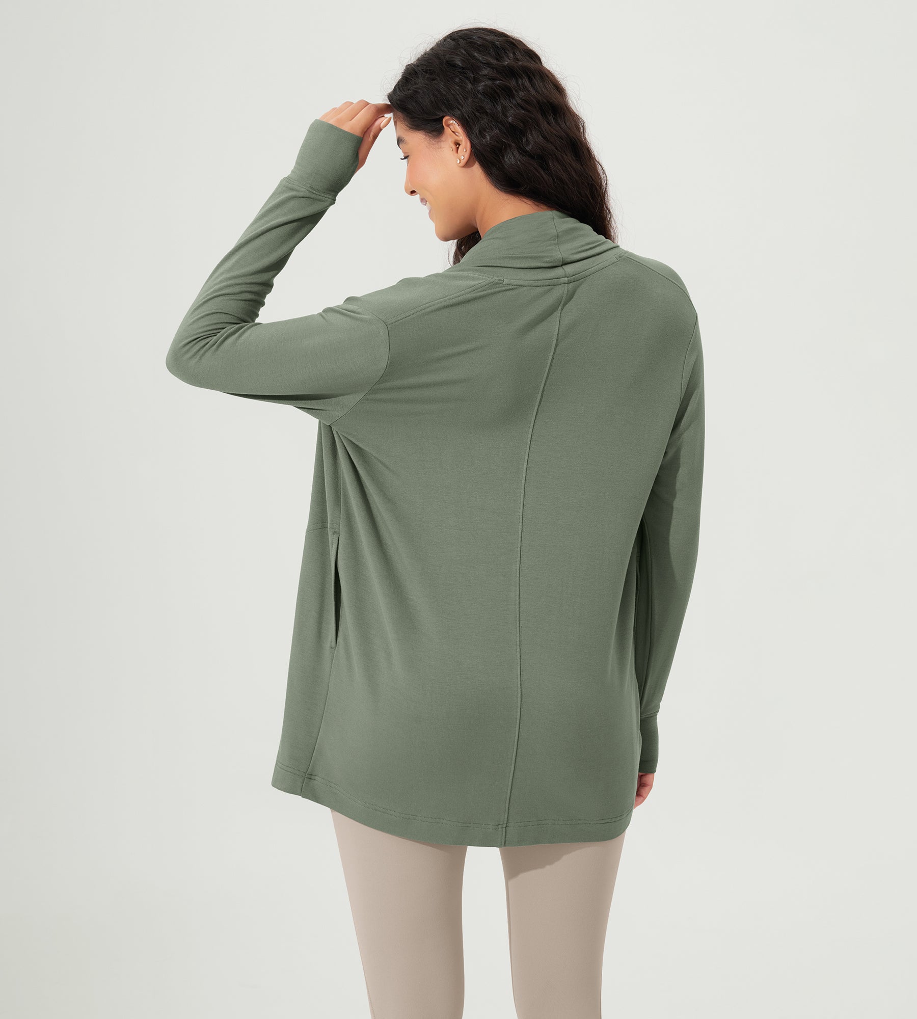 Drape Open Front Cozy Soft Cardigans Outerwear with Pockets Thumb Hole - ododos