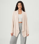 Drape Open Front Cozy Soft Cardigans Outerwear with Pockets Thumb Hole Vanilla Ice - ododos