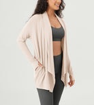 Drape Open Front Cozy Soft Cardigans Outerwear with Pockets Thumb Hole - ododos