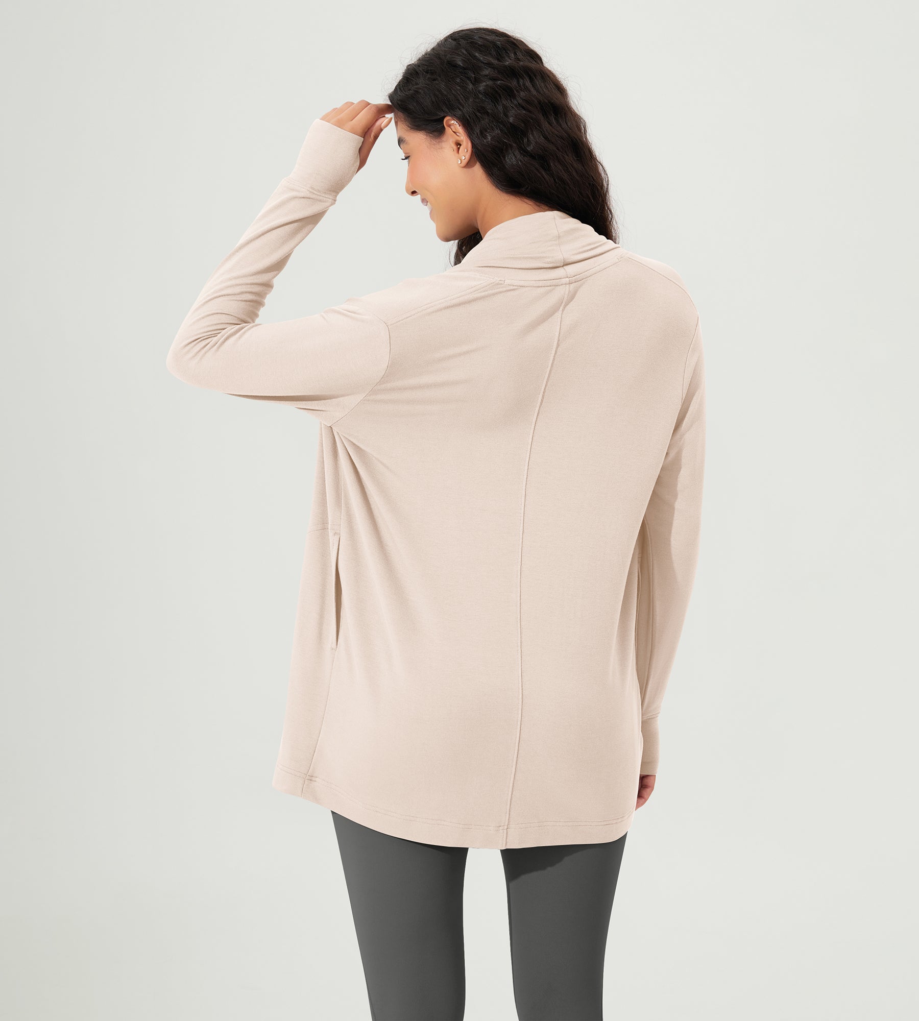 Drape Open Front Cozy Soft Cardigans Outerwear with Pockets Thumb Hole - ododos