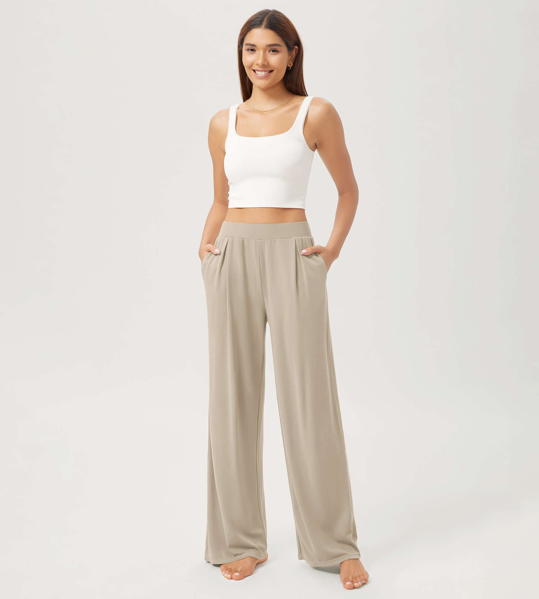 29 Drapey Soft WideHigh Waist Lounge Pants with Pockets Gray Apricot - ododos