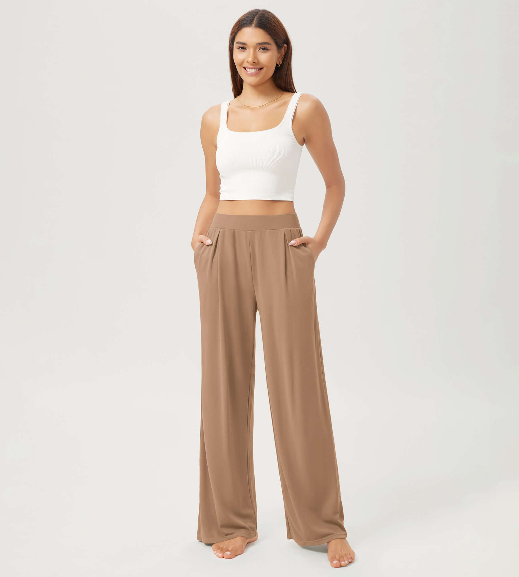 29 Drapey Soft WideHigh Waist Lounge Pants with Pockets Khaki - ododos