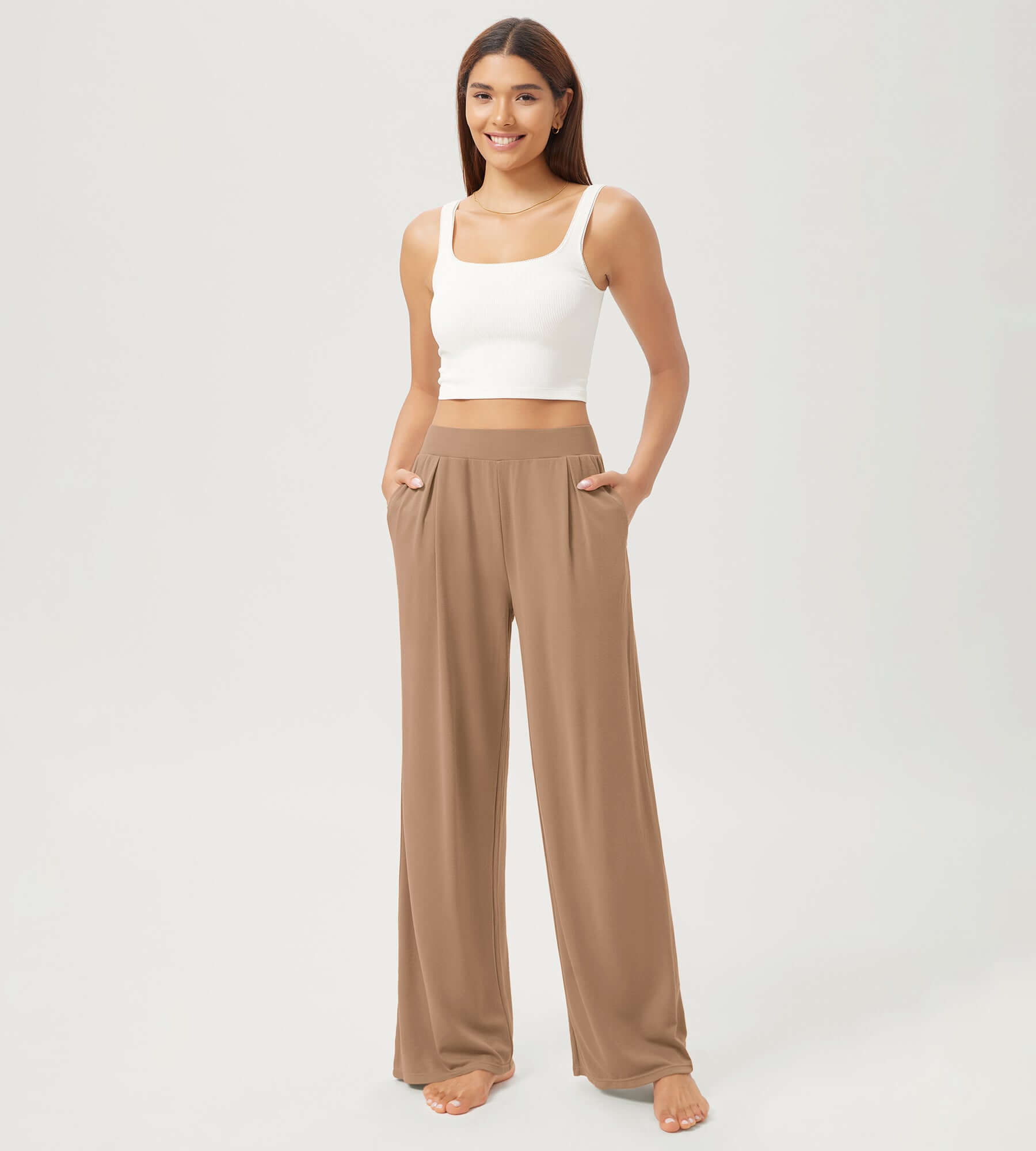 29" Drapey Soft WideHigh Waist Lounge Pants with Pockets Khaki - ododos