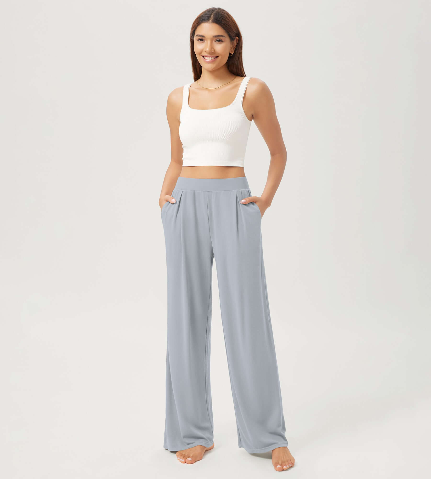 29 Drapey Soft WideHigh Waist Lounge Pants with Pockets Light Gray Blue - ododos