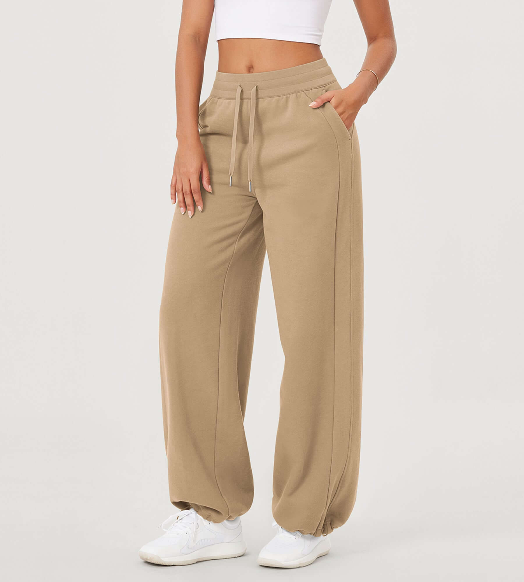 Fleece Lined Mid-Rise Relaxed Pull-On Jogger Pant with Pockets Khaki - ododos