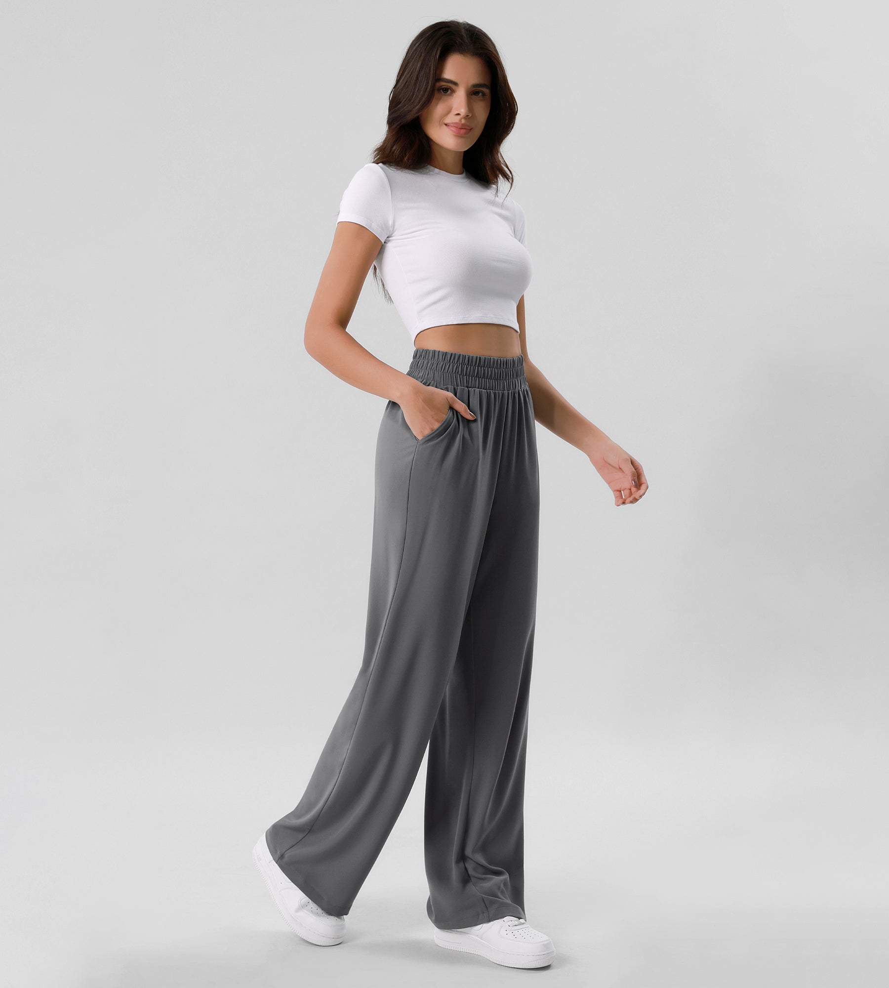 Chiffon Flowy Wide Leg Pants Charcoal - ododos