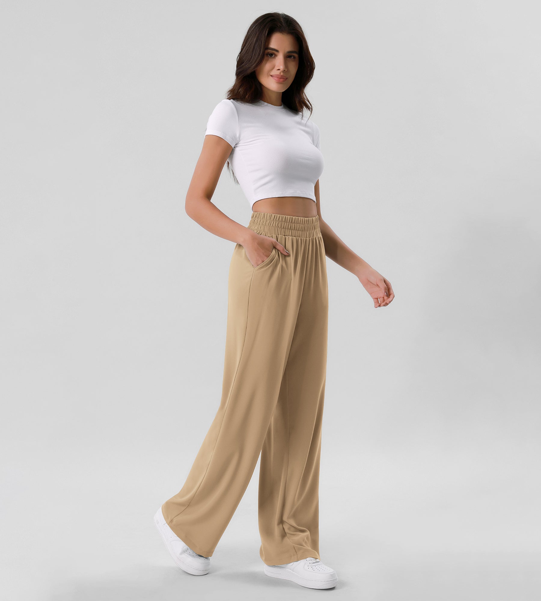 Chiffon Flowy Wide Leg Pants Khaki - ododos