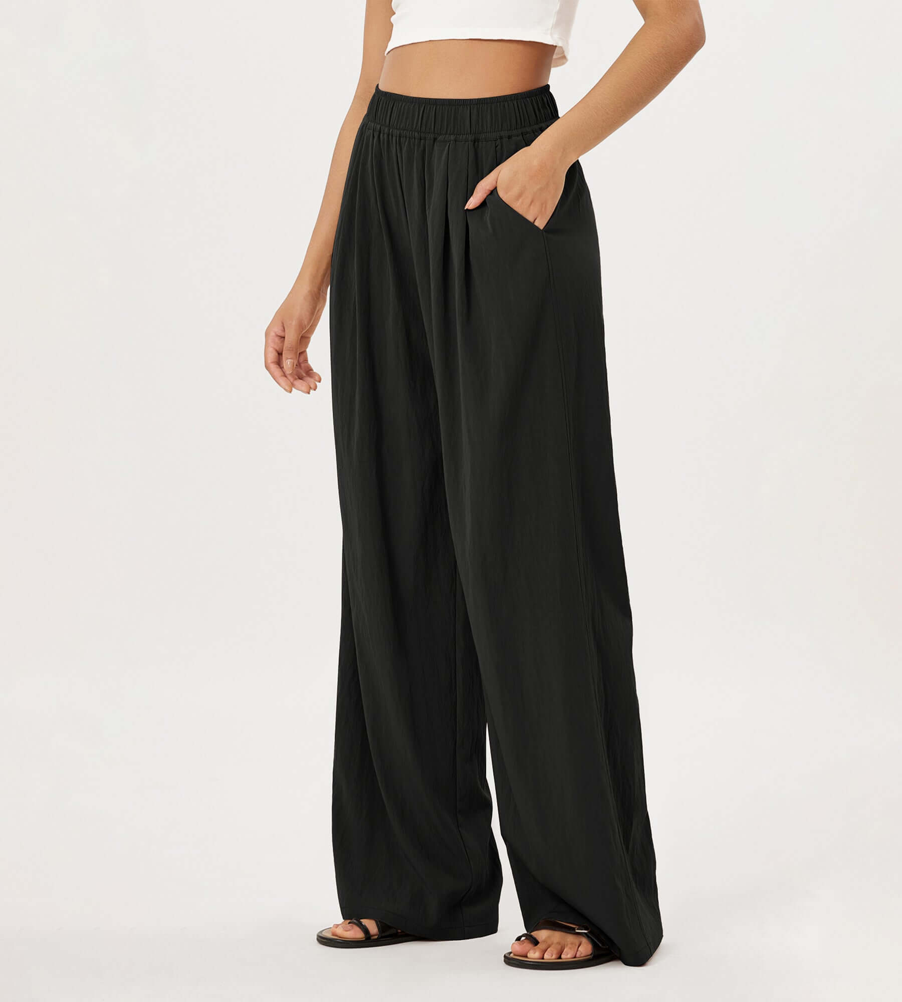 Wide Leg Crinkle Comfy High Waist Lounge Pants with Pockets - ododos