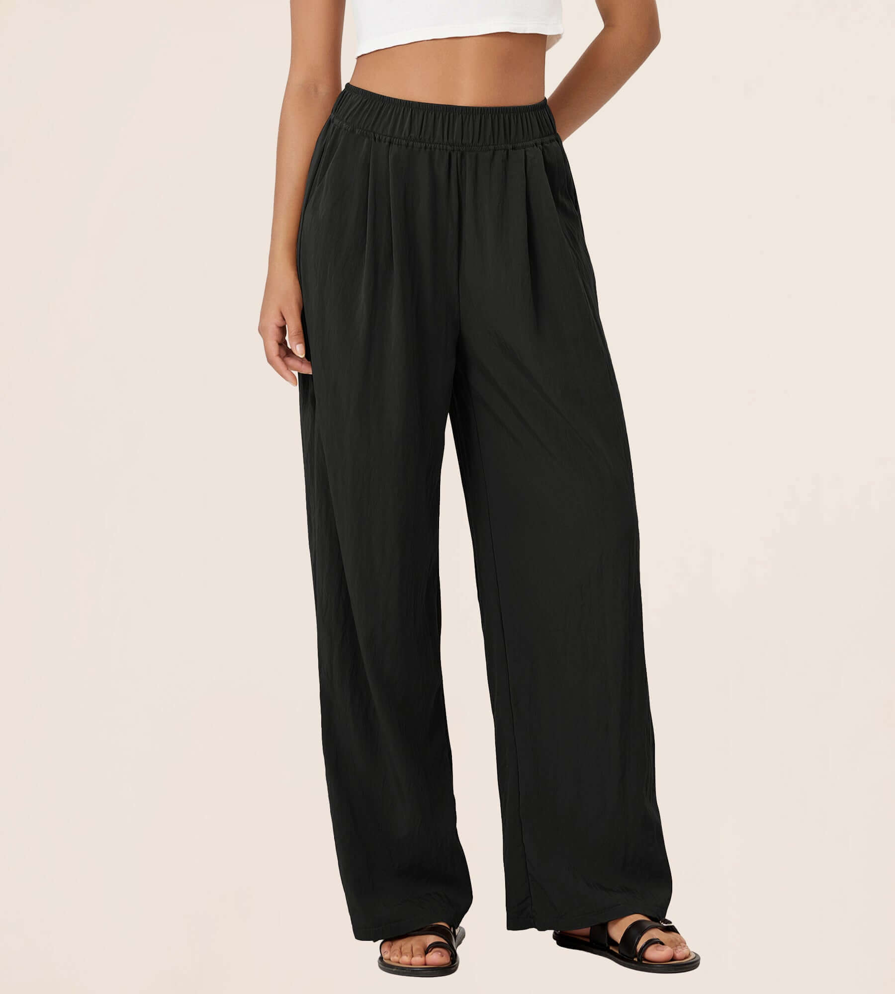 Wide Leg Crinkle Comfy High Waist Lounge Pants with Pockets Black - ododos