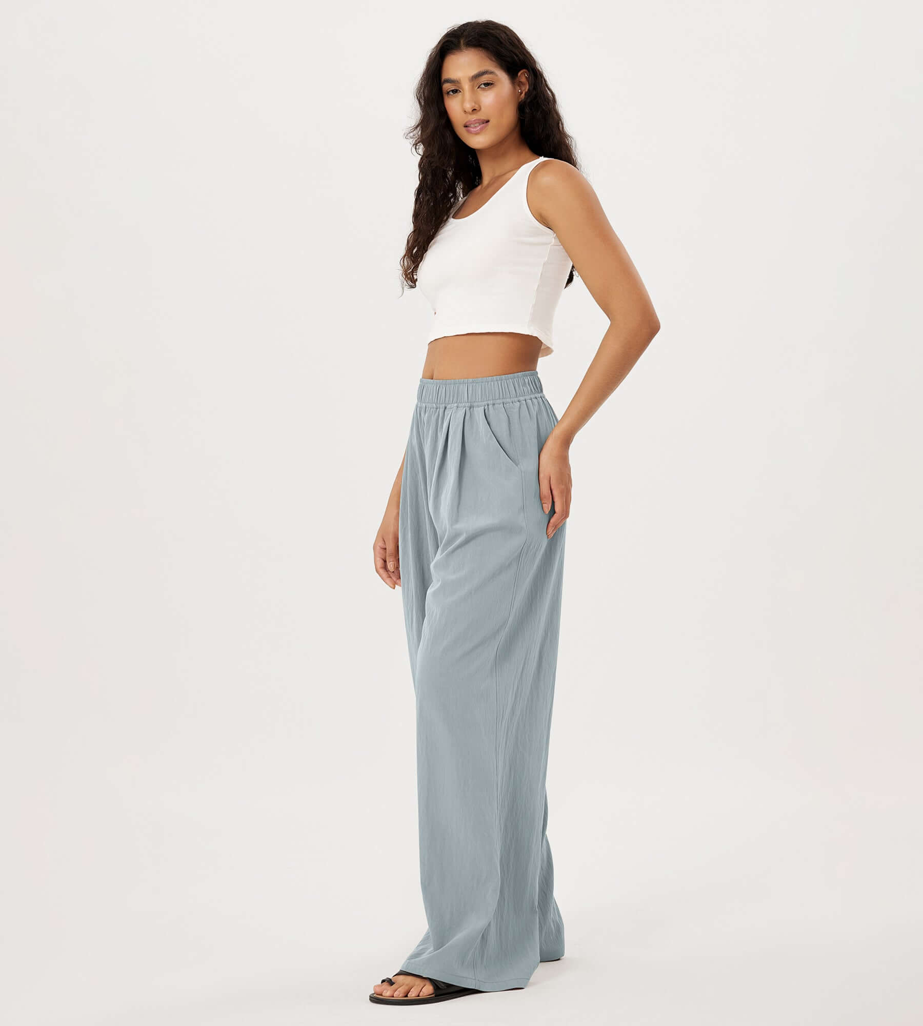 Wide Leg Crinkle Comfy High Waist Lounge Pants with Pockets - ododos