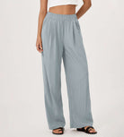 Wide Leg Crinkle Comfy High Waist Lounge Pants with Pockets Blue Gray - ododos