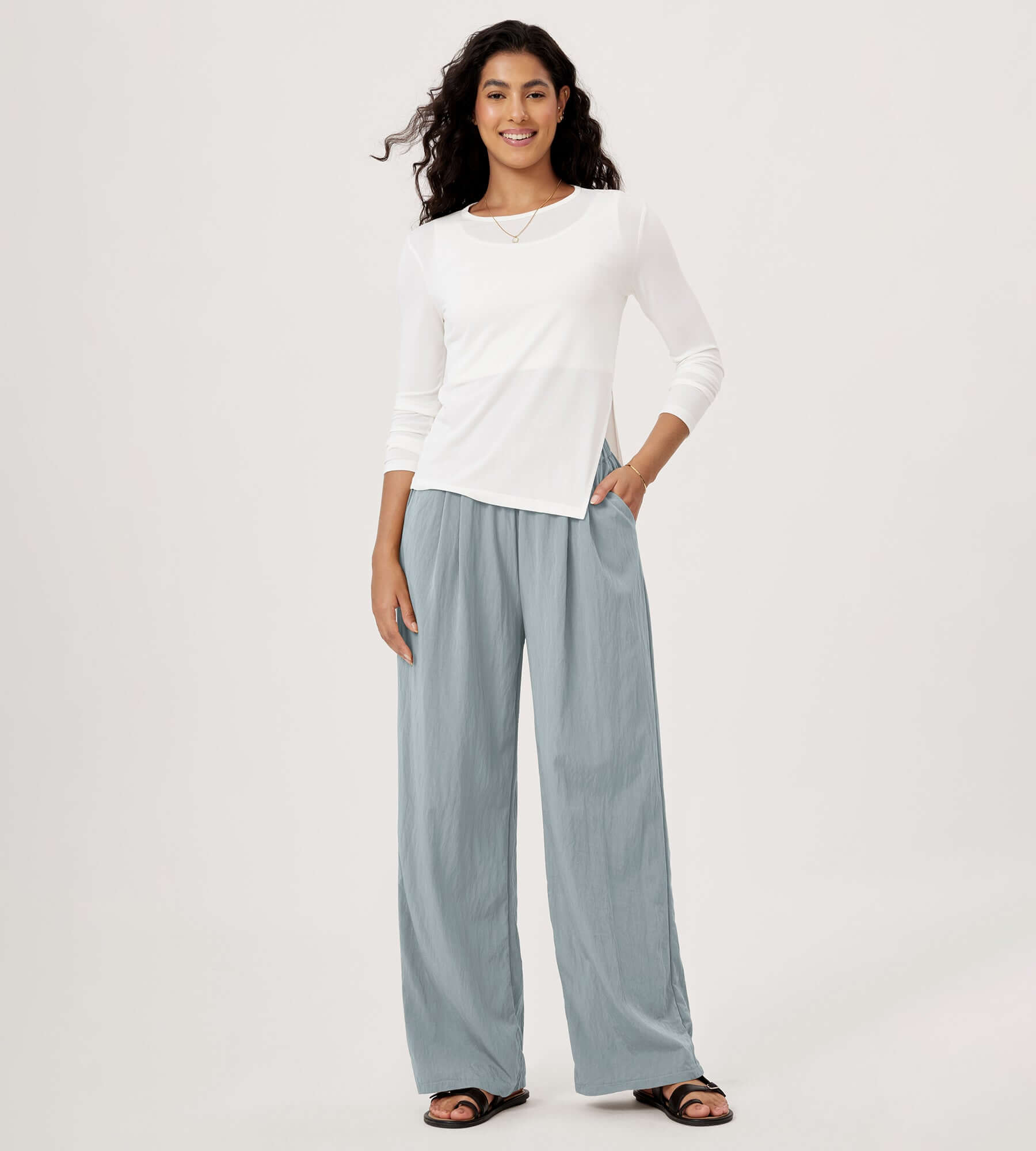 Wide Leg Crinkle Comfy High Waist Lounge Pants with Pockets - ododos