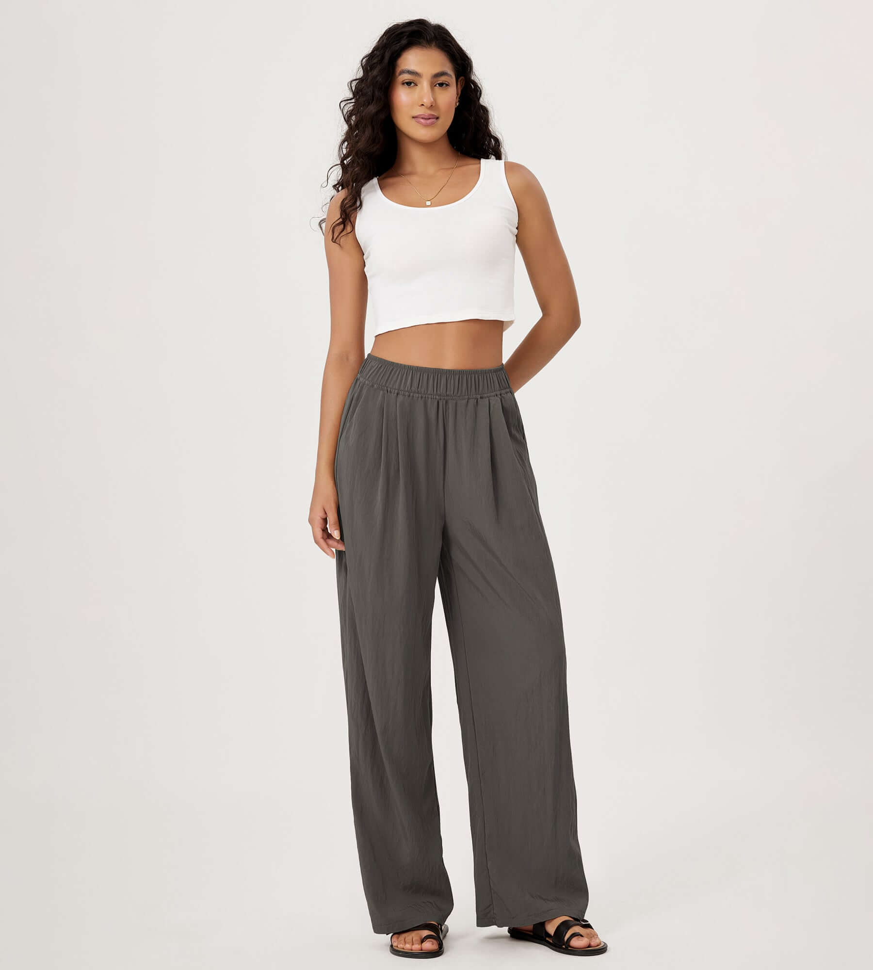 Wide Leg Crinkle Comfy High Waist Lounge Pants with Pockets - ododos