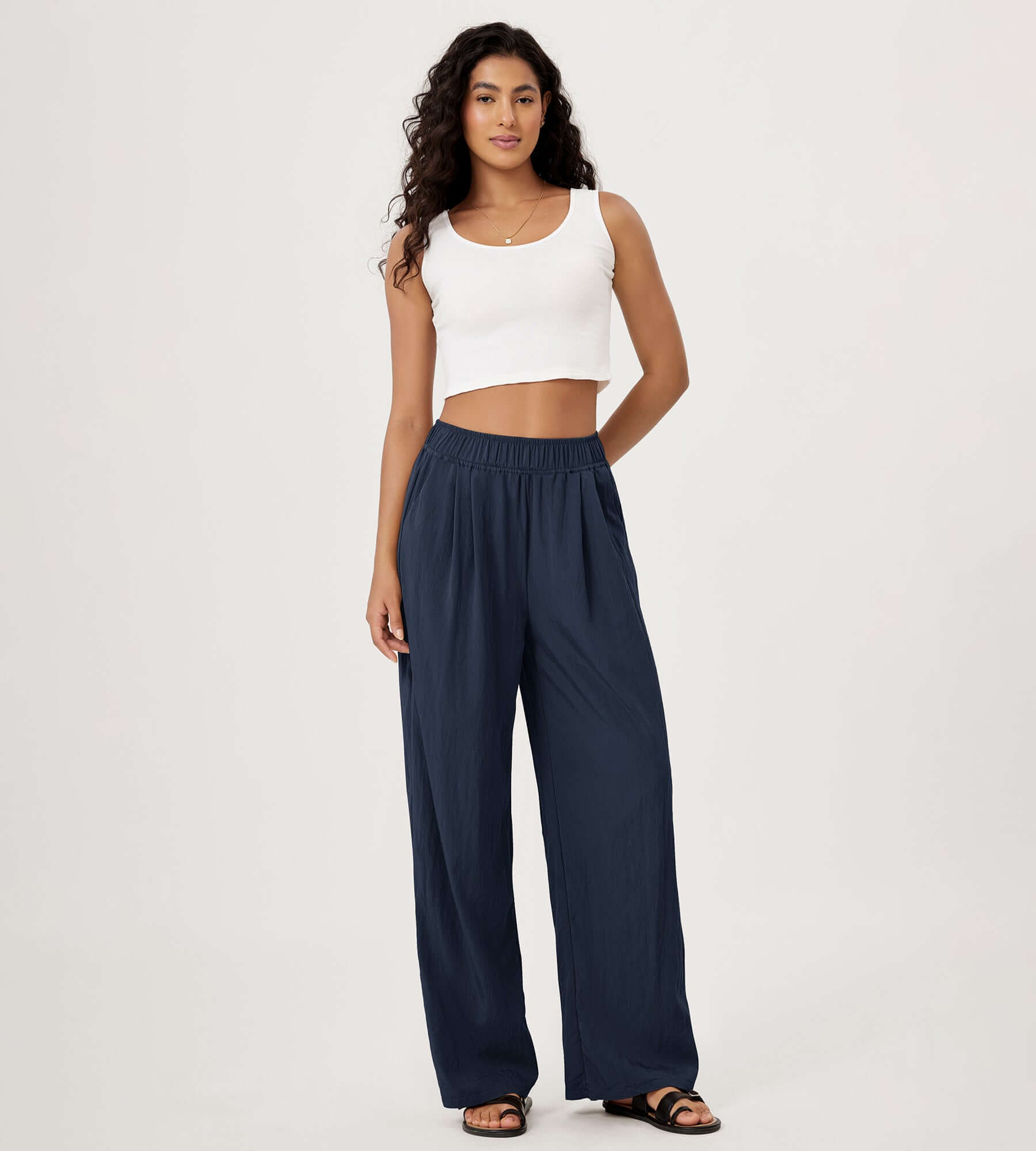 Wide Leg Crinkle Comfy High Waist Lounge Pants with Pockets - ododos