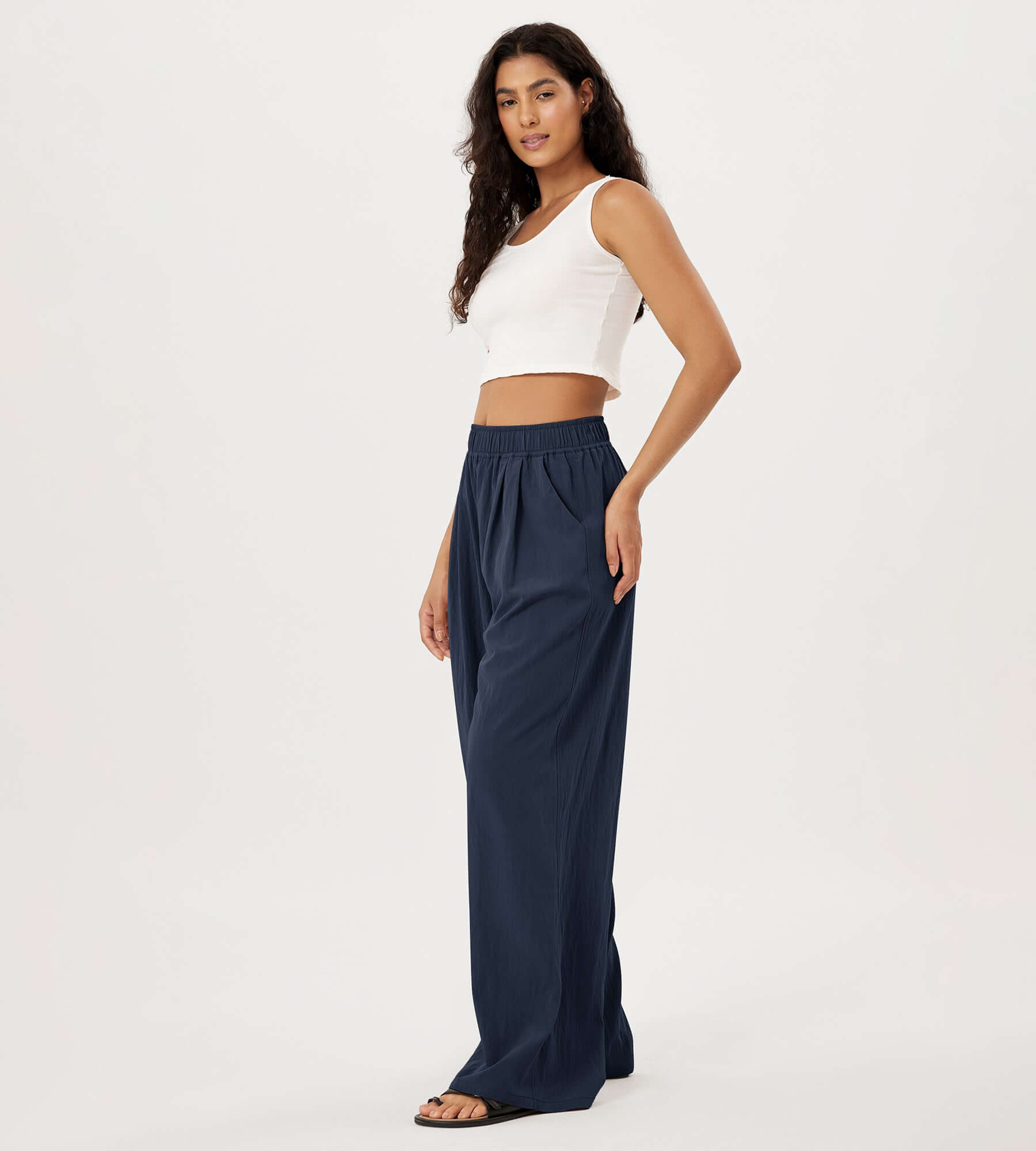 Wide Leg Crinkle Comfy High Waist Lounge Pants with Pockets - ododos