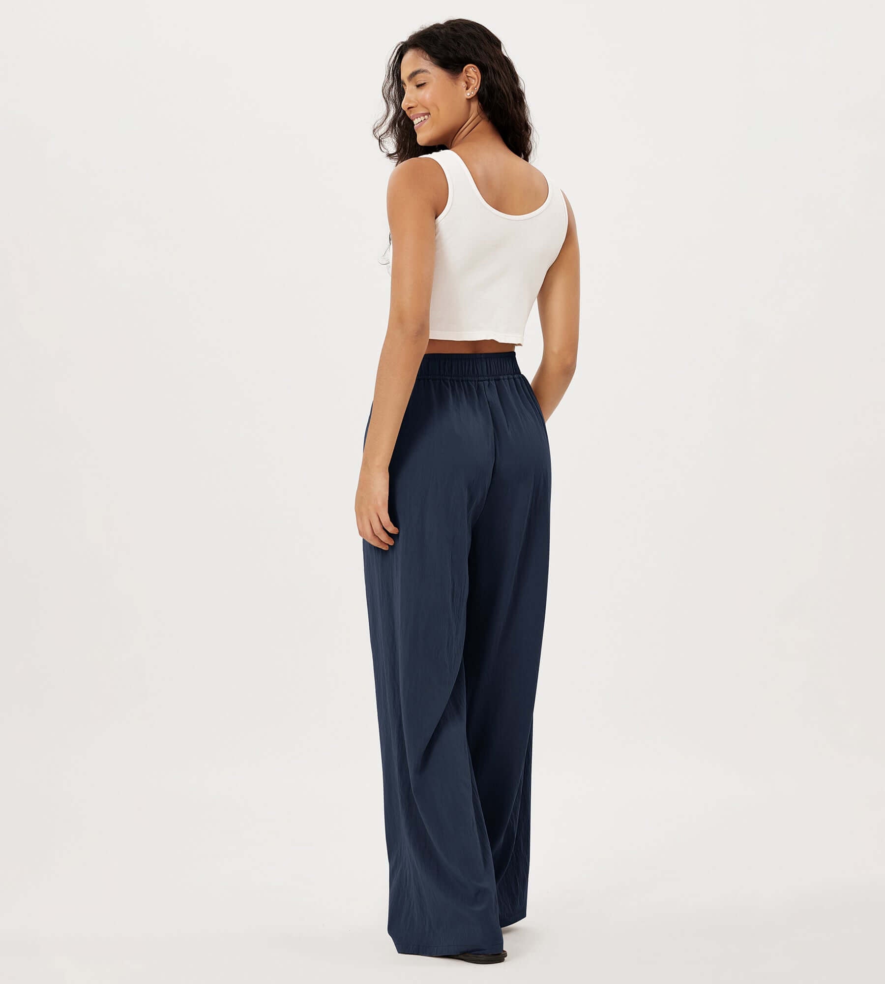 Wide Leg Crinkle Comfy High Waist Lounge Pants with Pockets - ododos