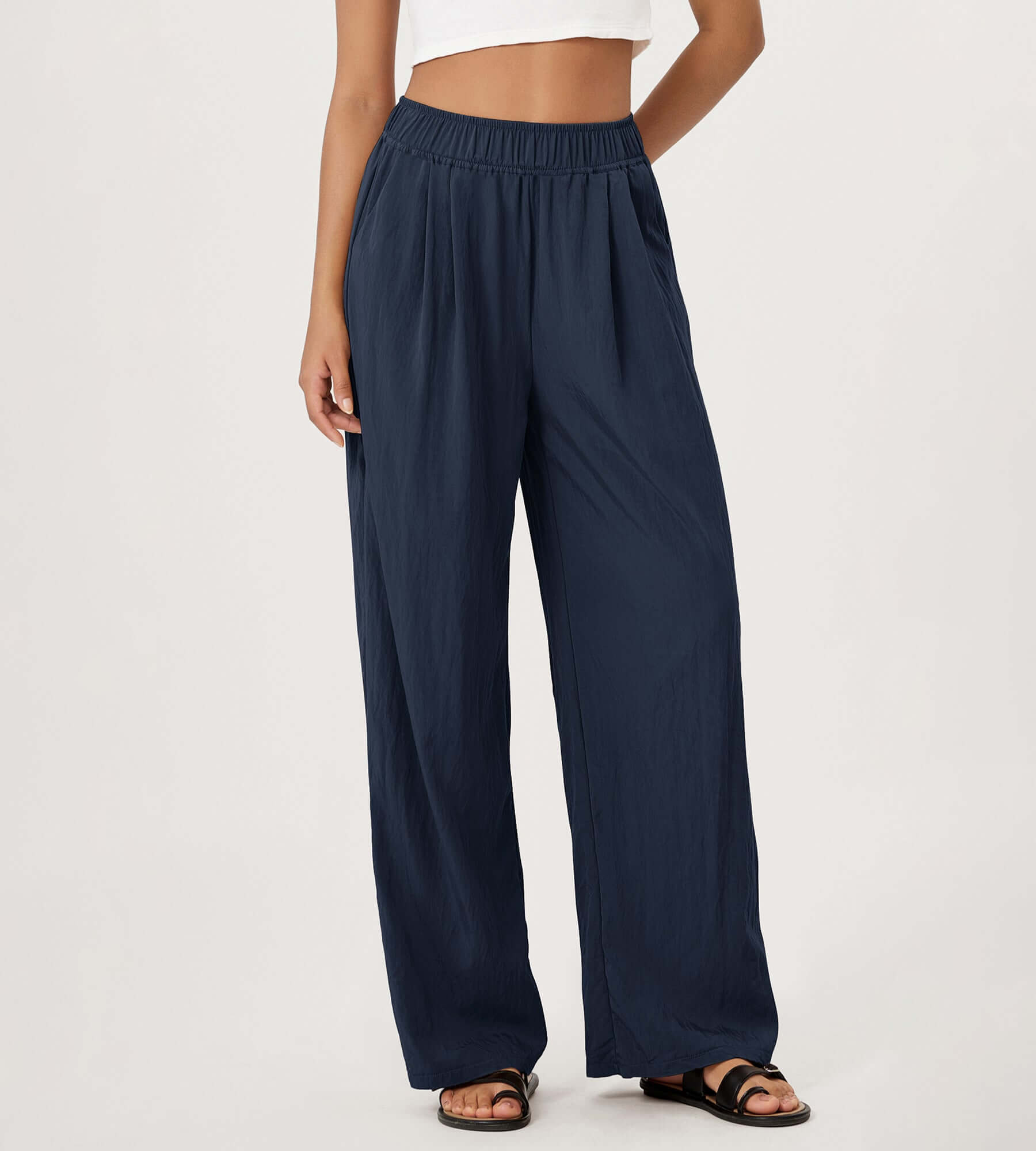 Wide Leg Crinkle Comfy High Waist Lounge Pants with Pockets Dark Blue - ododos