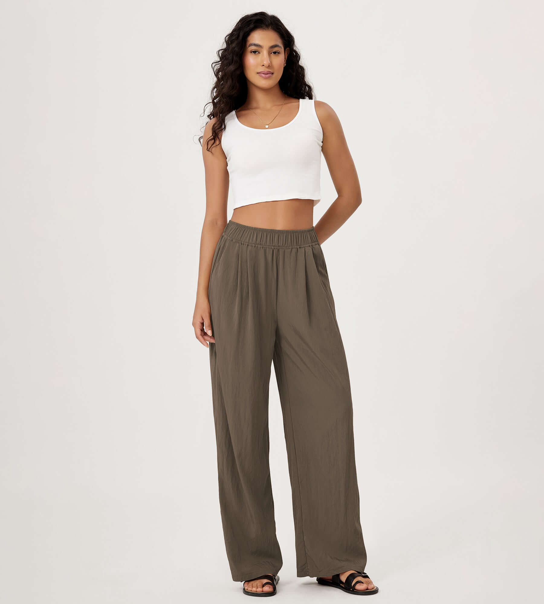 Wide Leg Crinkle Comfy High Waist Lounge Pants with Pockets - ododos