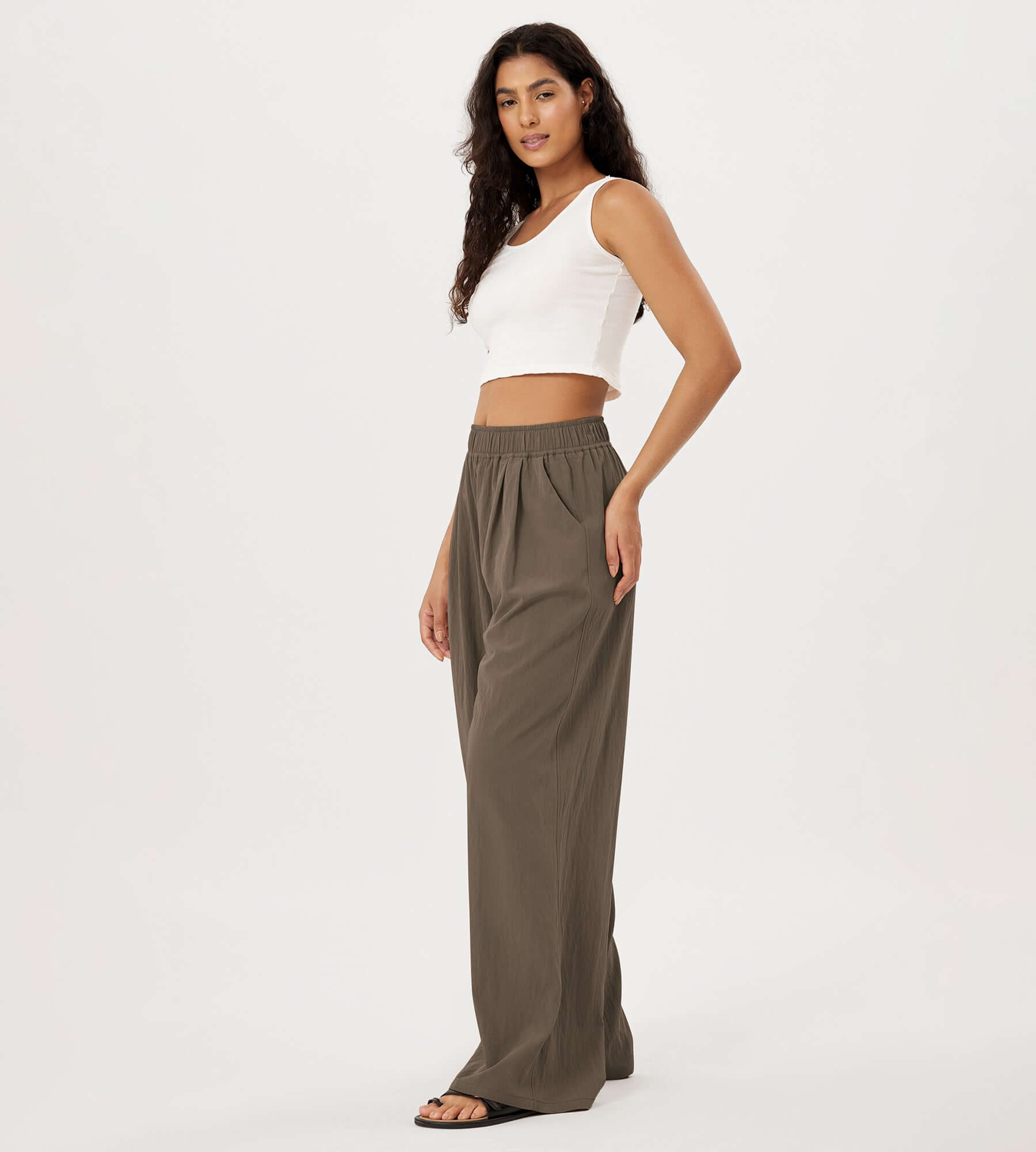 Wide Leg Crinkle Comfy High Waist Lounge Pants with Pockets - ododos