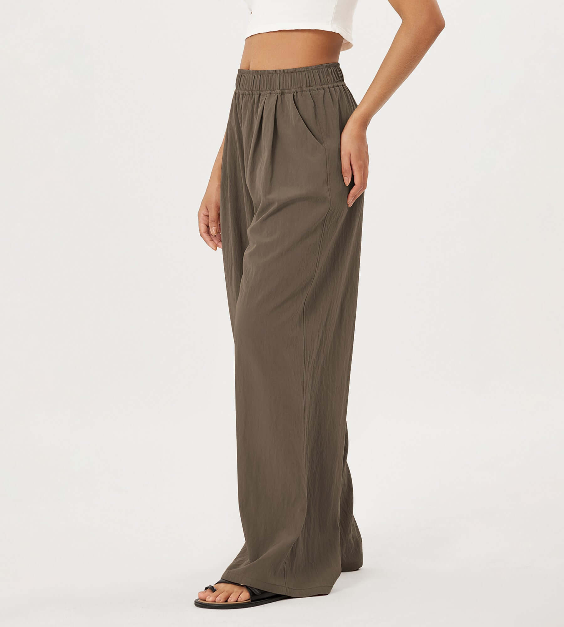 Wide Leg Crinkle Comfy High Waist Lounge Pants with Pockets - ododos