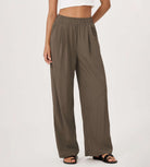 Wide Leg Crinkle Comfy High Waist Lounge Pants with Pockets Dark Brown - ododos