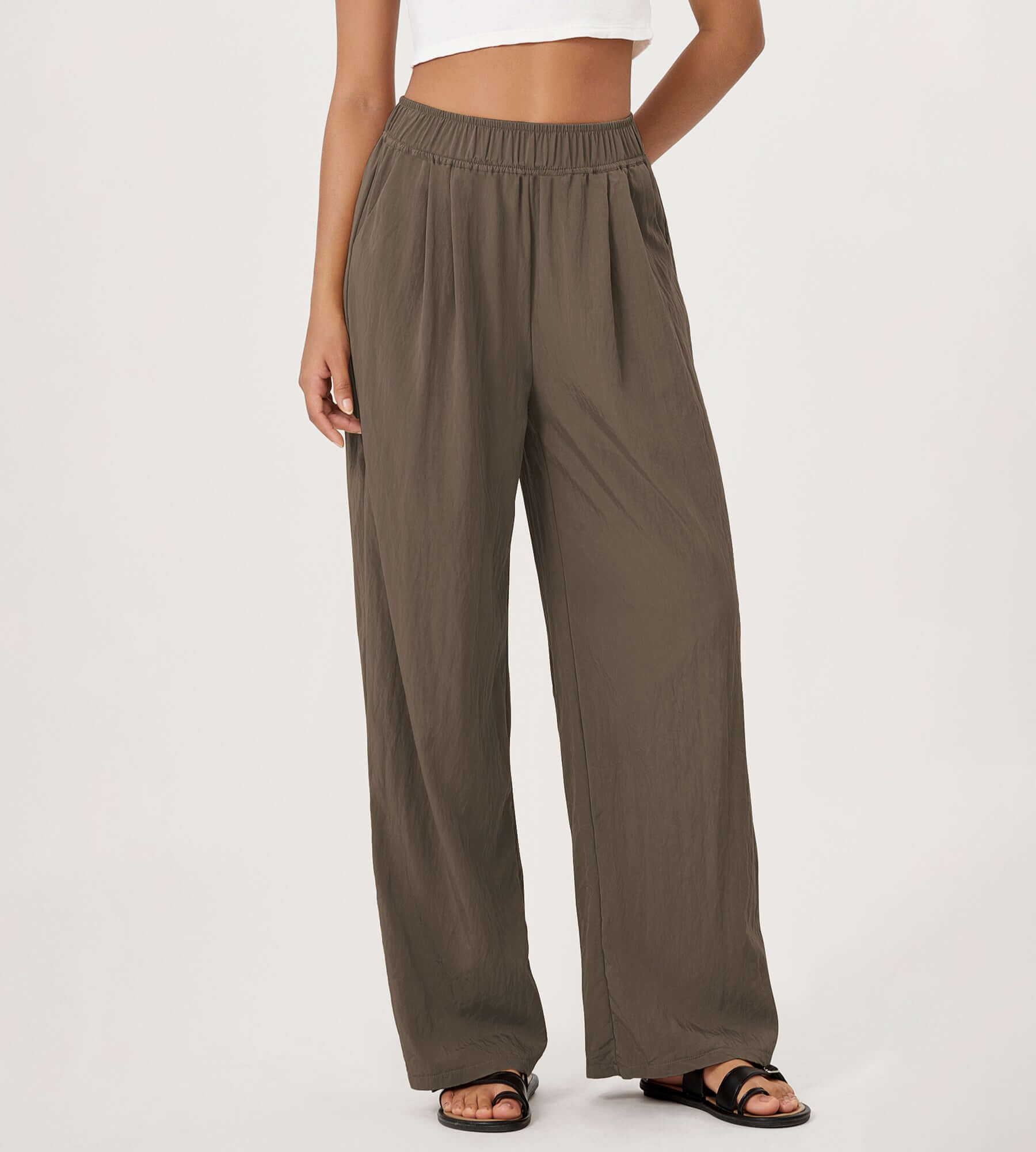 Wide Leg Crinkle Comfy High Waist Lounge Pants with Pockets Dark Brown - ododos