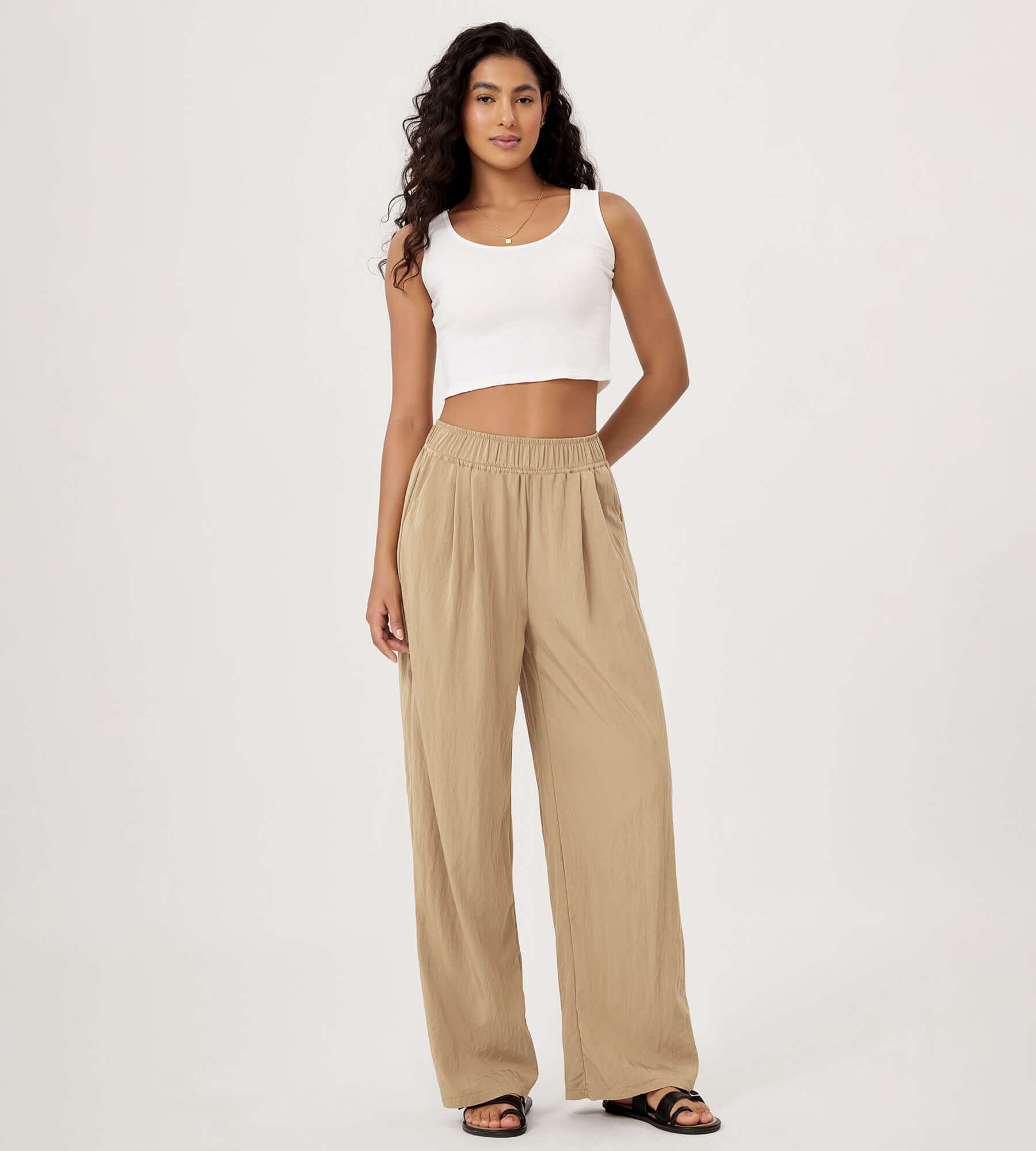 Wide Leg Crinkle Comfy High Waist Lounge Pants with Pockets - ododos