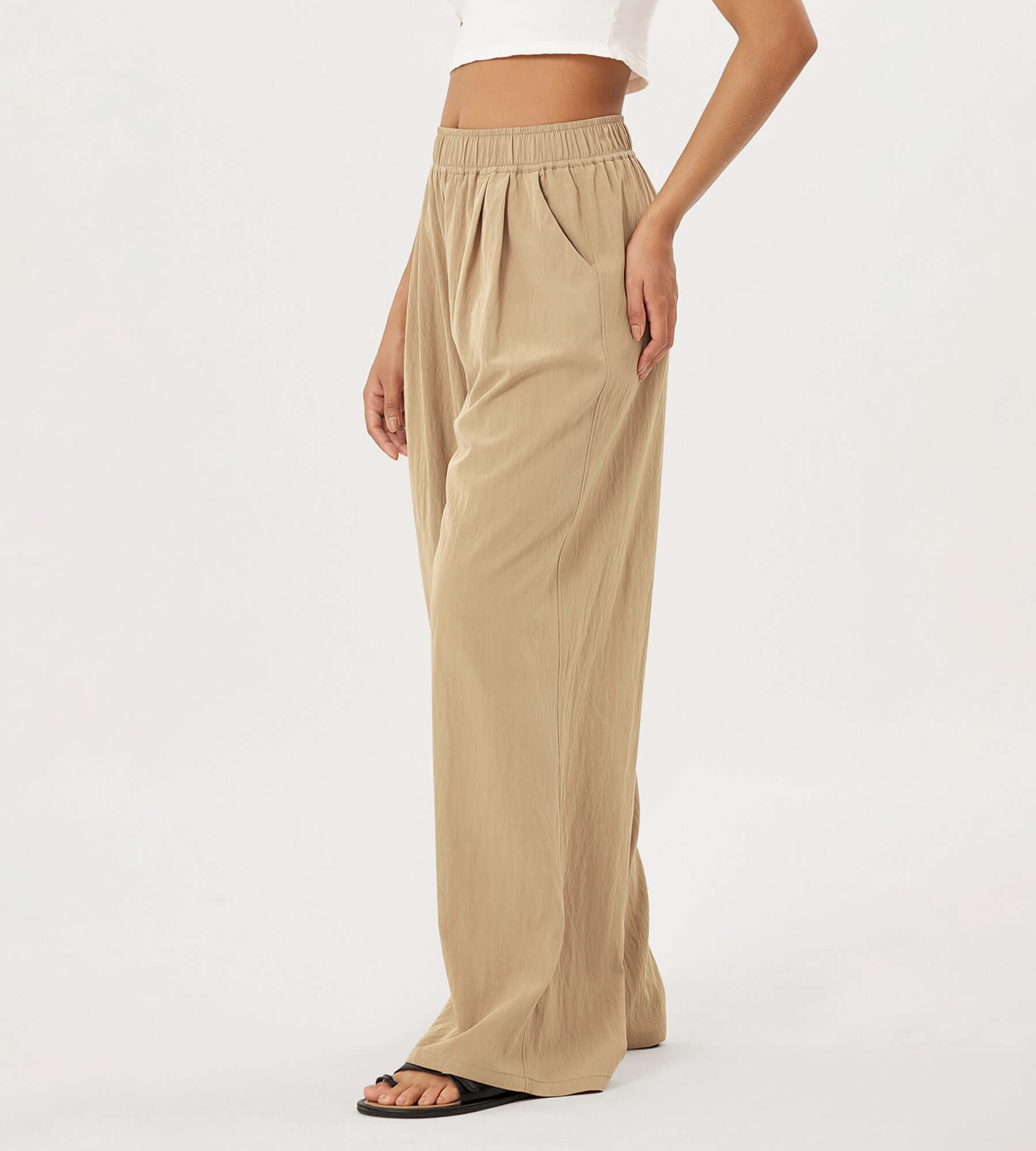 Wide Leg Crinkle Comfy High Waist Lounge Pants with Pockets - ododos