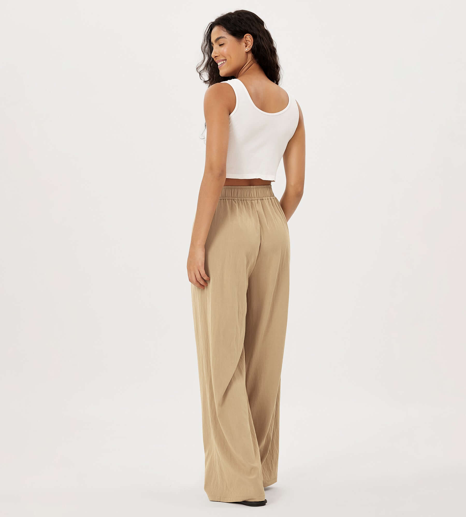 Wide Leg Crinkle Comfy High Waist Lounge Pants with Pockets - ododos